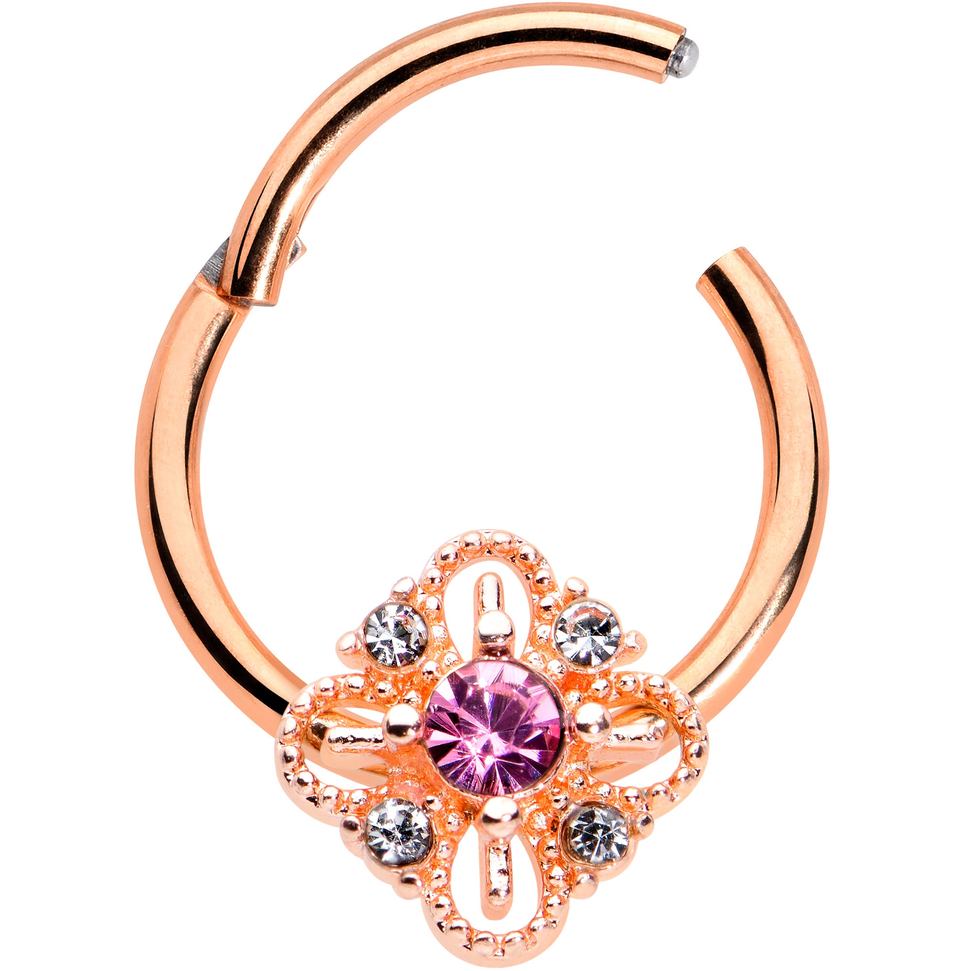 16G Clear Purple Gem Rose Gold Tone Rhombus Hinged Segment Ring