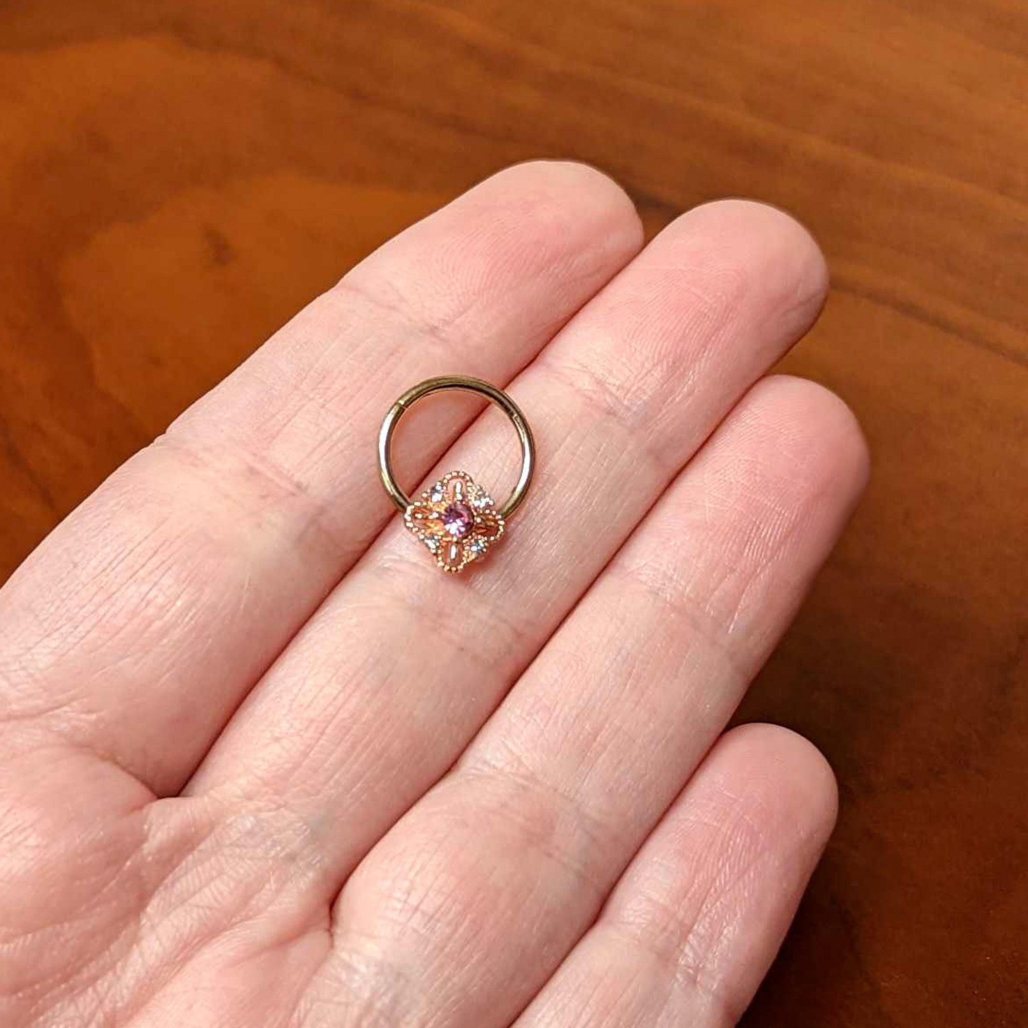 16G Clear Purple Gem Rose Gold Tone Rhombus Hinged Segment Ring