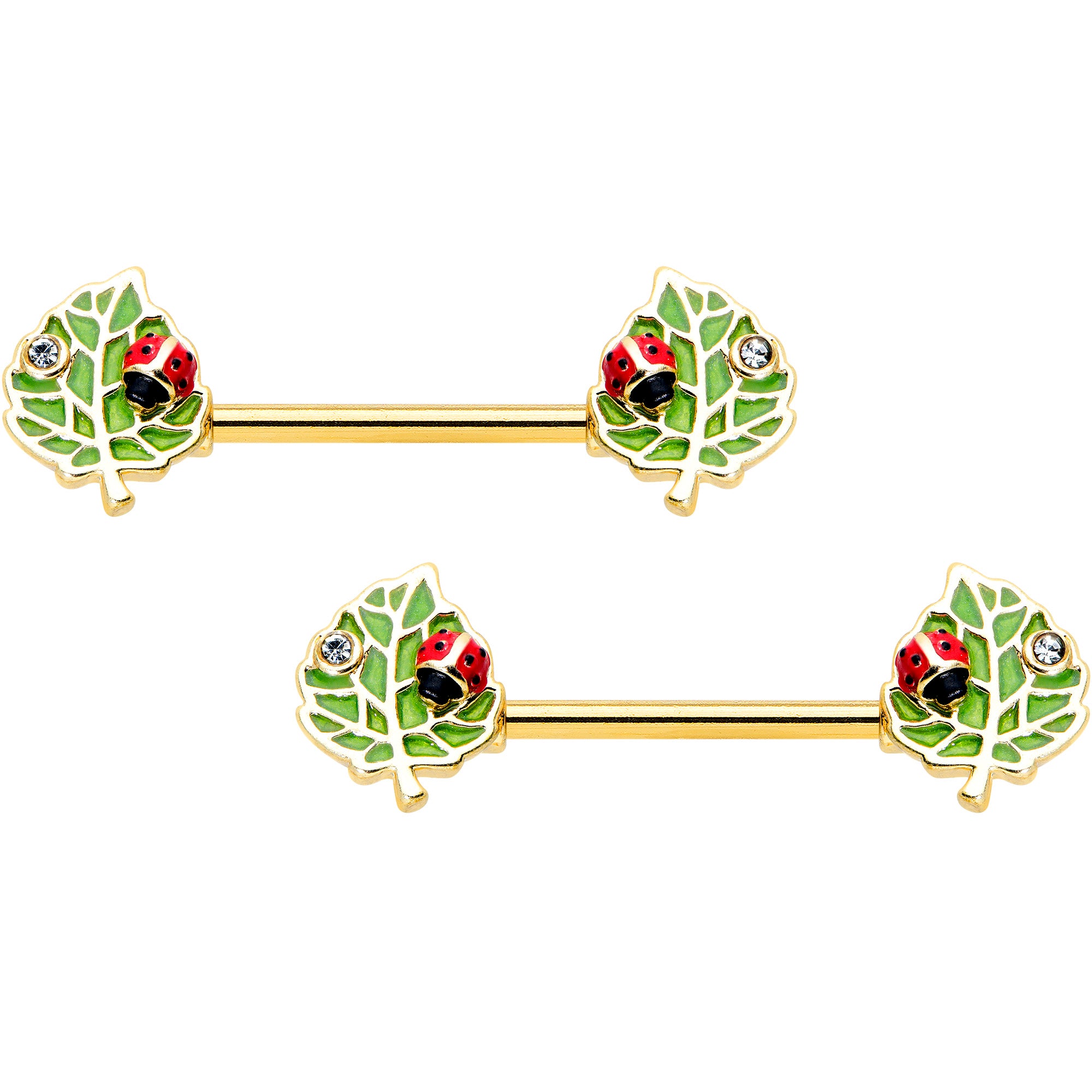 14G 9/16 Clear Gem Gold Hue Leafy Ladybug Barbell Nipple Ring Set