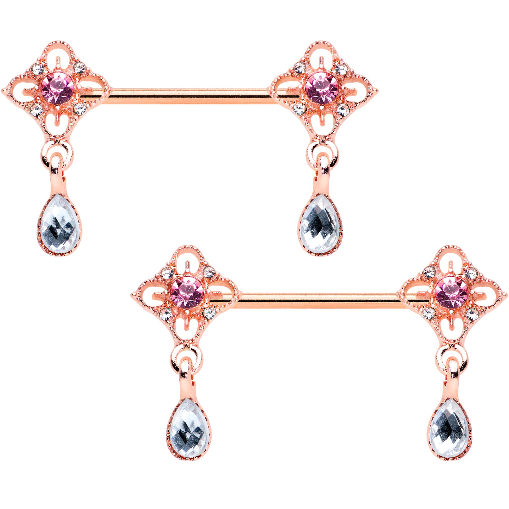 14G 9/16 Purple Grey Gem Rose Gold Tone Dangle Nipple Ring Set