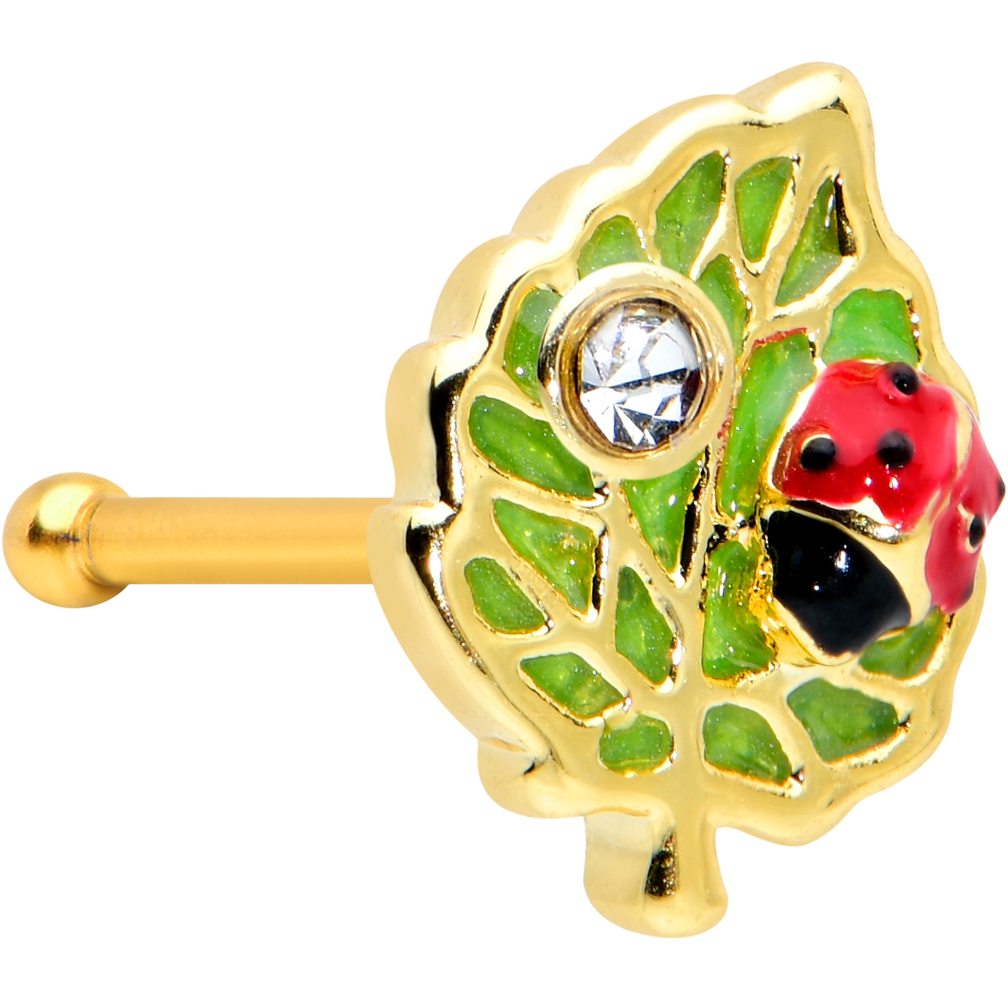 20G 1/4 Clear Gem Gold Tone Leafy Ladybug Nose Bone