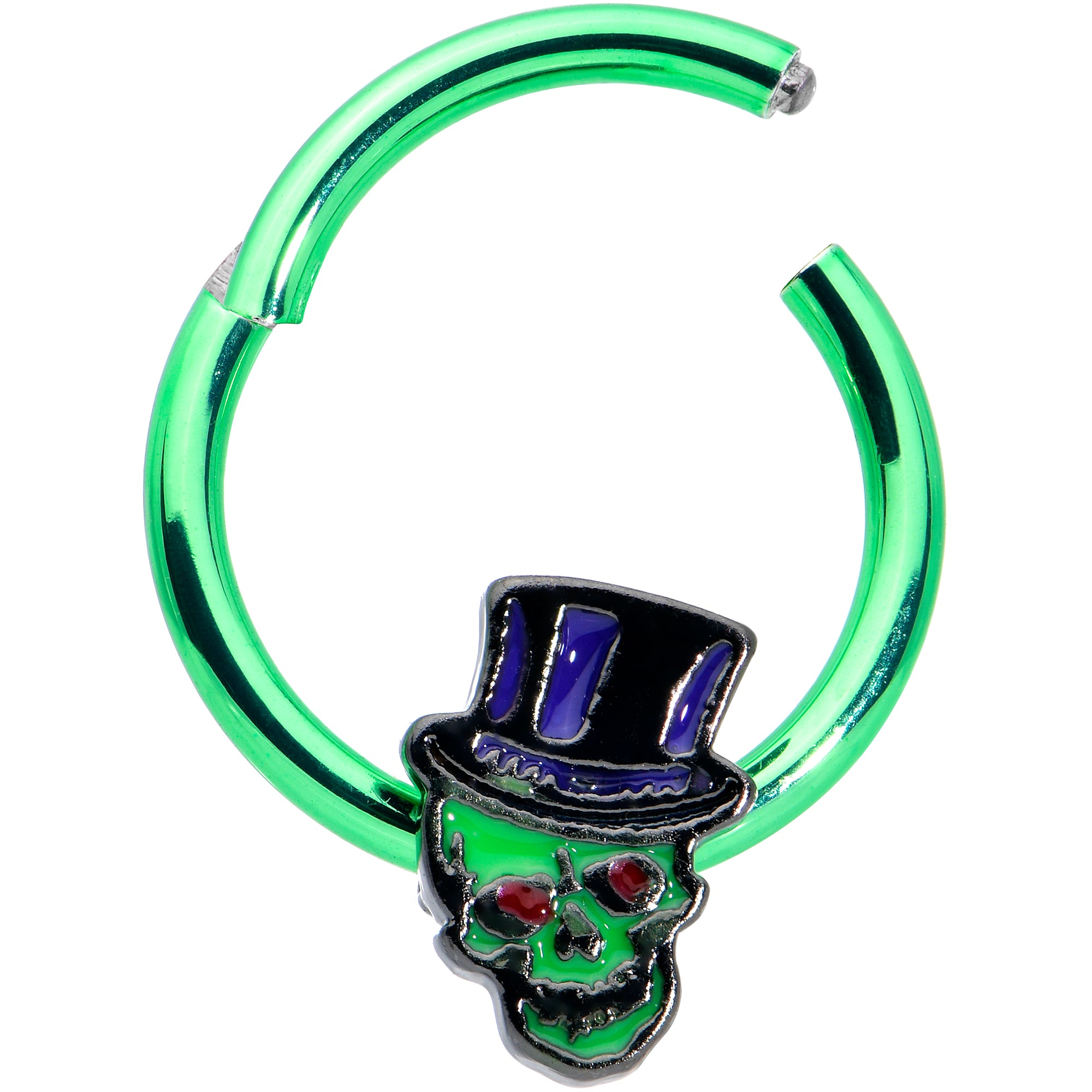 16G 3/8 Green Top Hat Skull Halloween Hinged Segment Ring