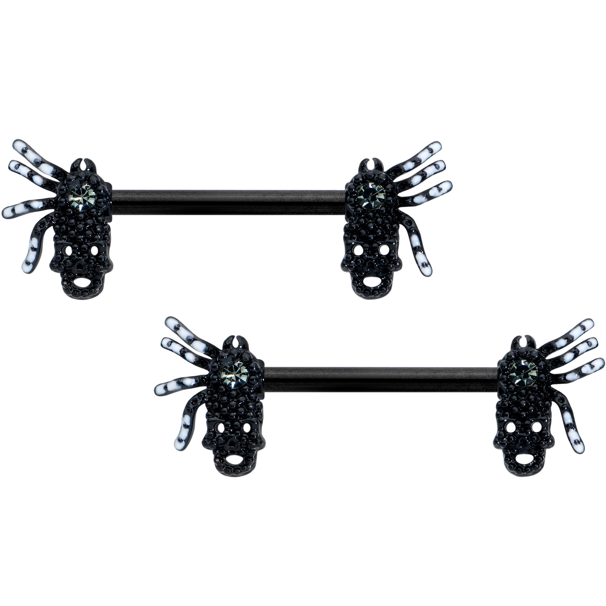 14G 1/2 Clear Gem Black Skull Spider Halloween Nipple Ring Set