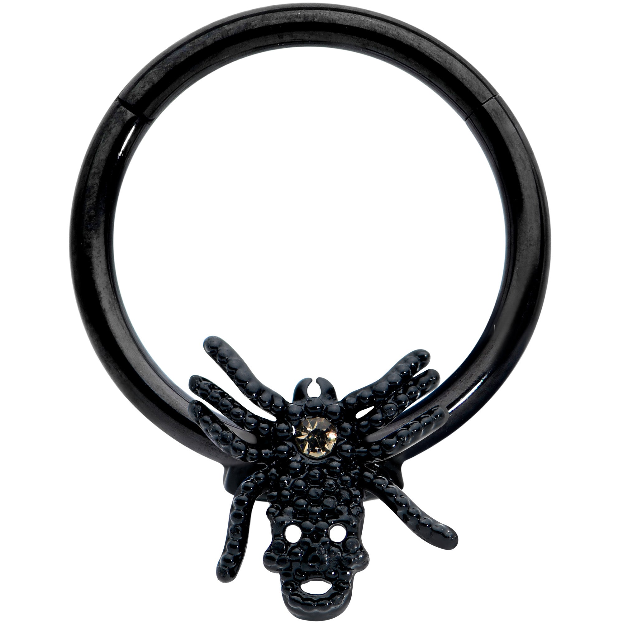 16G 3/8 Yellow Gem Spider Skull Halloween Hinged Segment Ring