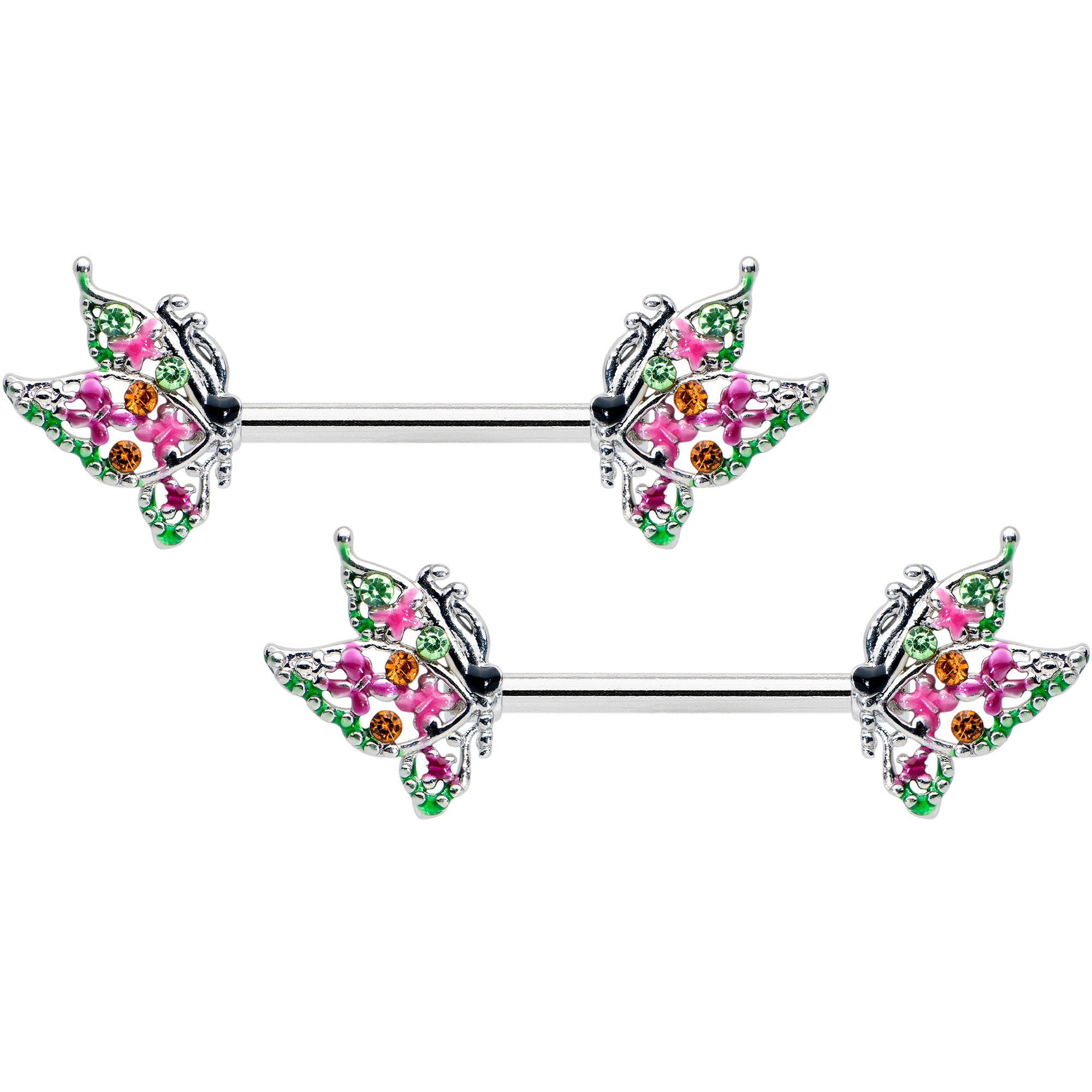 14G 1/2 Pink Gem Openwork Butterfly Barbell Nipple Ring Set