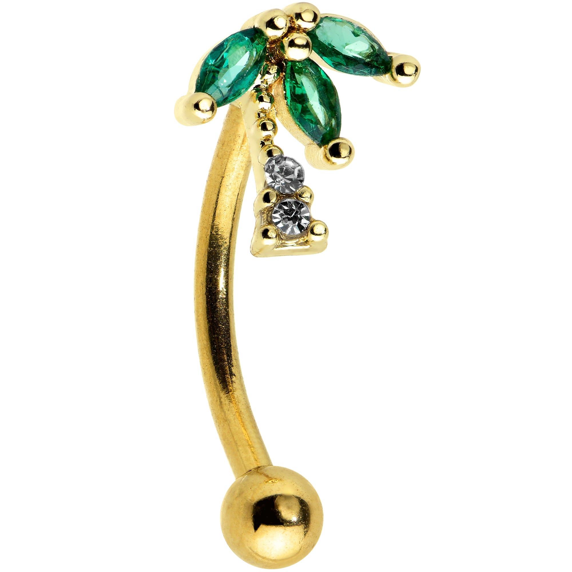 16G 5/16 Clear Green Gem Gold Tone Palm Tree Curved Eyebrow Ring