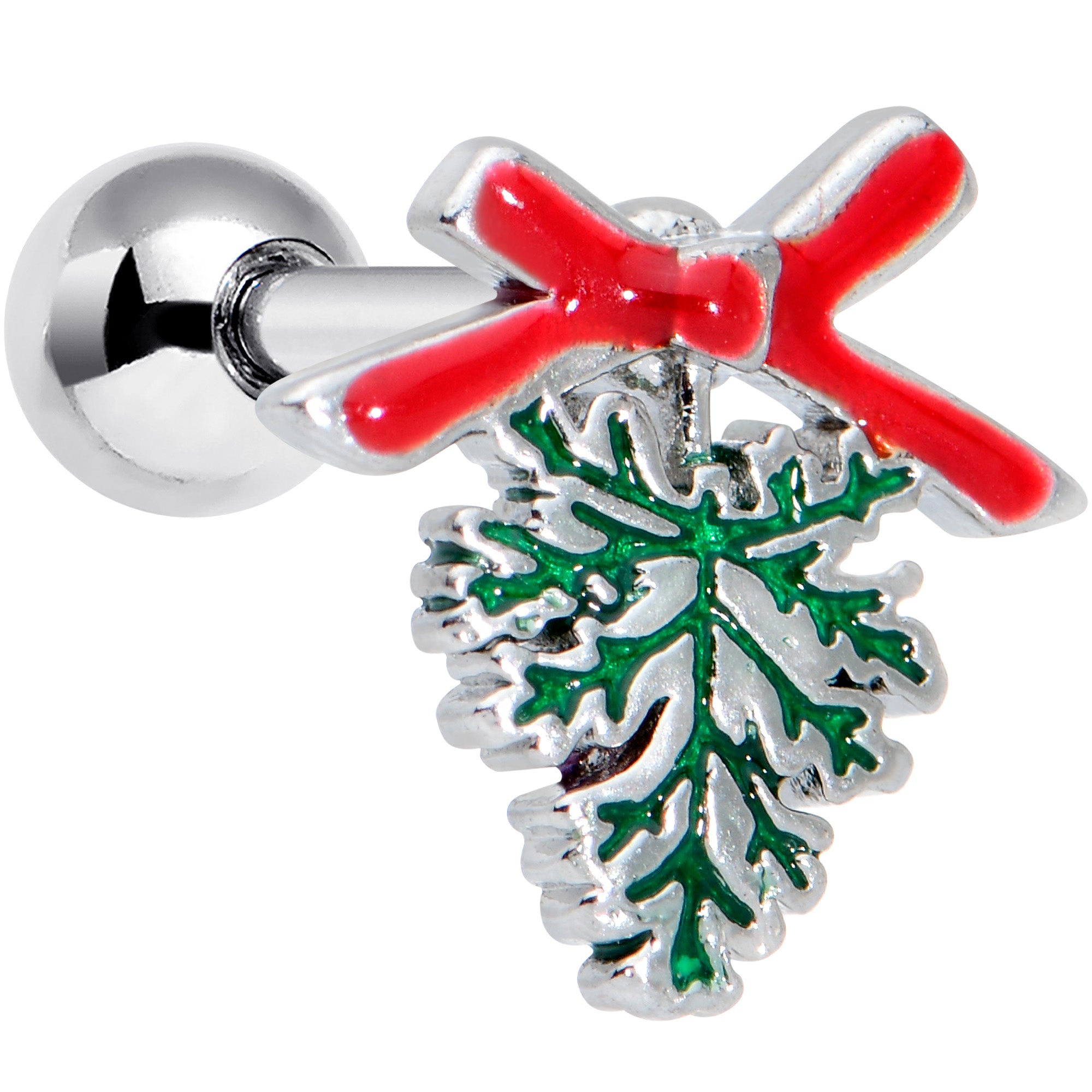 16G 1/4 Pine Bough Red Bow Christmas Cartilage Tragus Earring