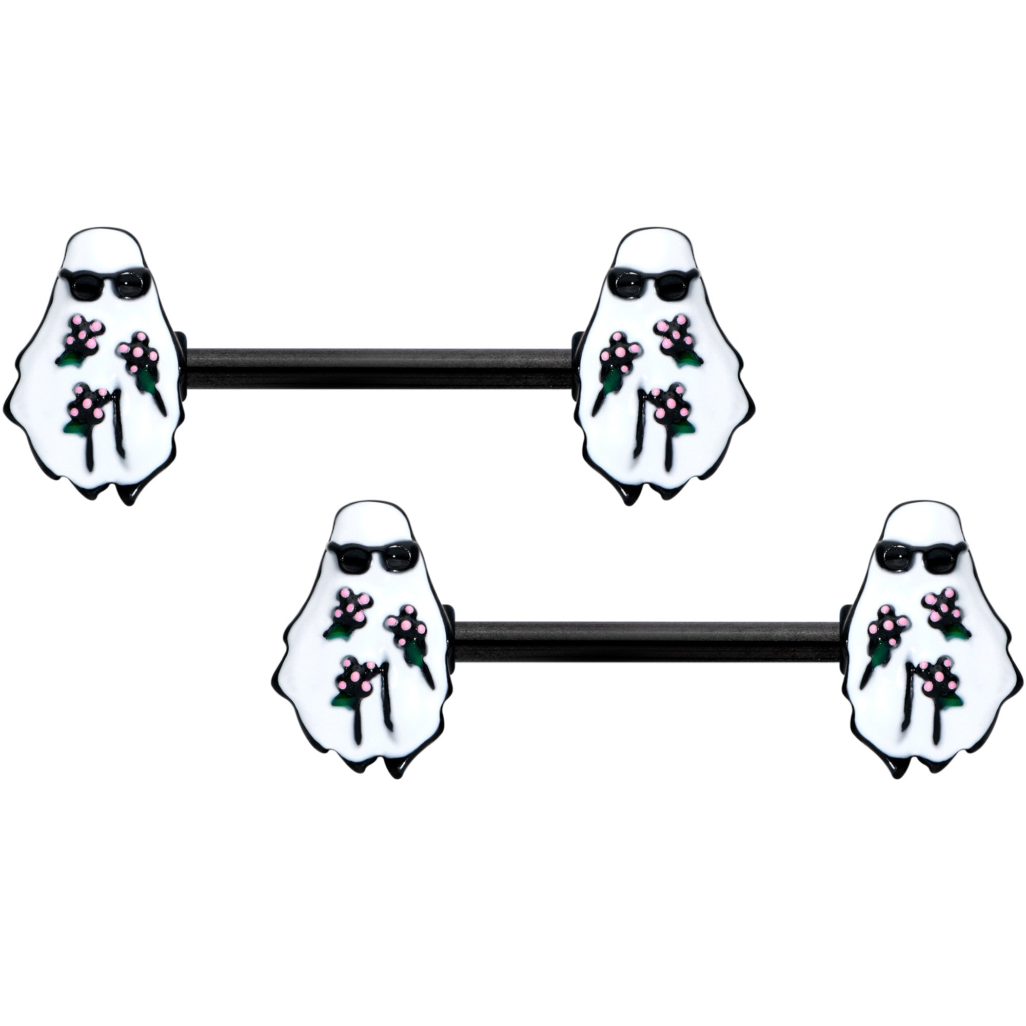 14G 9/16 Black Hipster Ghost Halloween Barbell Nipple Ring Set