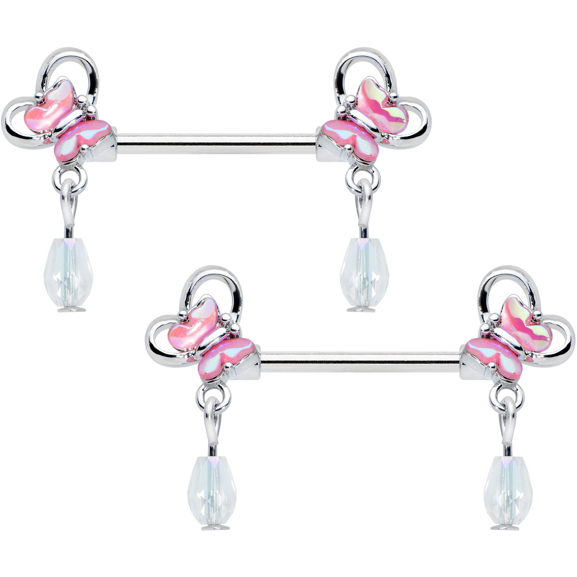 14G 9/16 Heart Pink Butterfly Dangle Barbell Nipple Ring Set