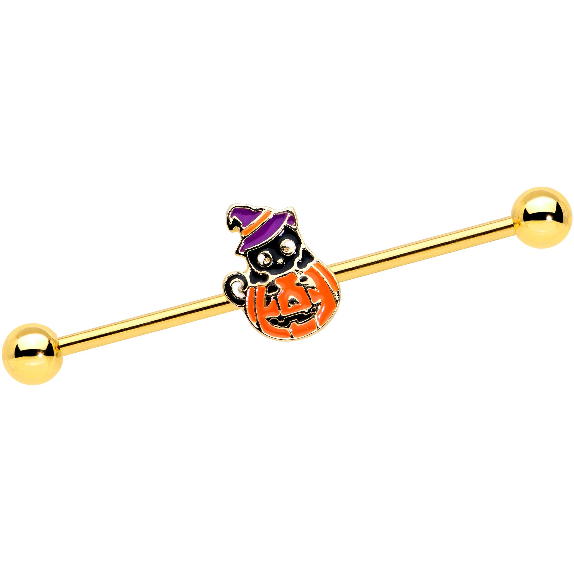 14G Gold Tone Black Cat Witch Halloween Industrial Barbell 38mm