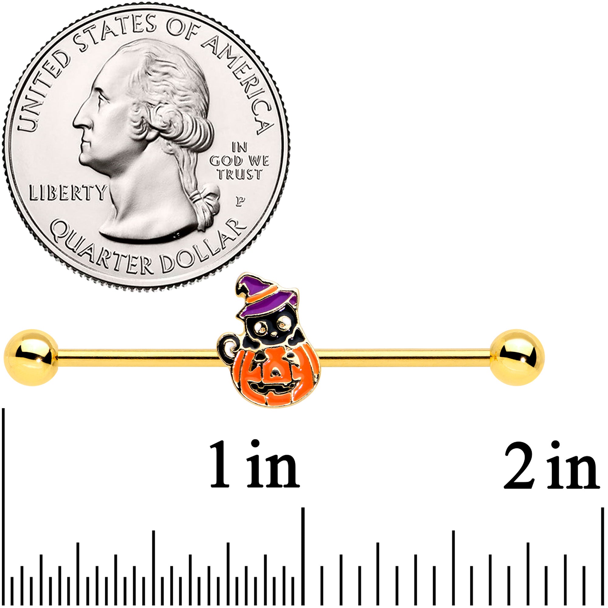 14G Gold Tone Black Cat Witch Halloween Industrial Barbell 38mm