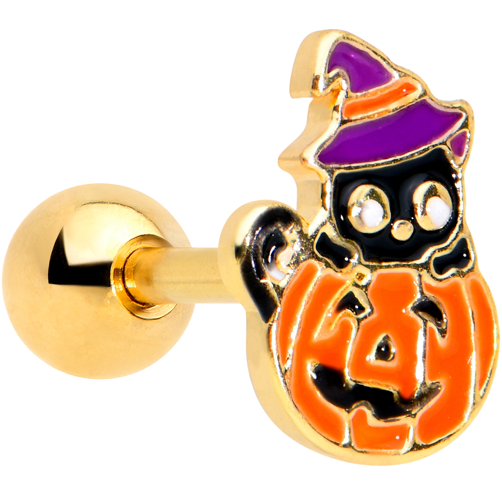 16G 1/4 Gold Tone Pumpkin Black Cat Halloween Cartilage Tragus