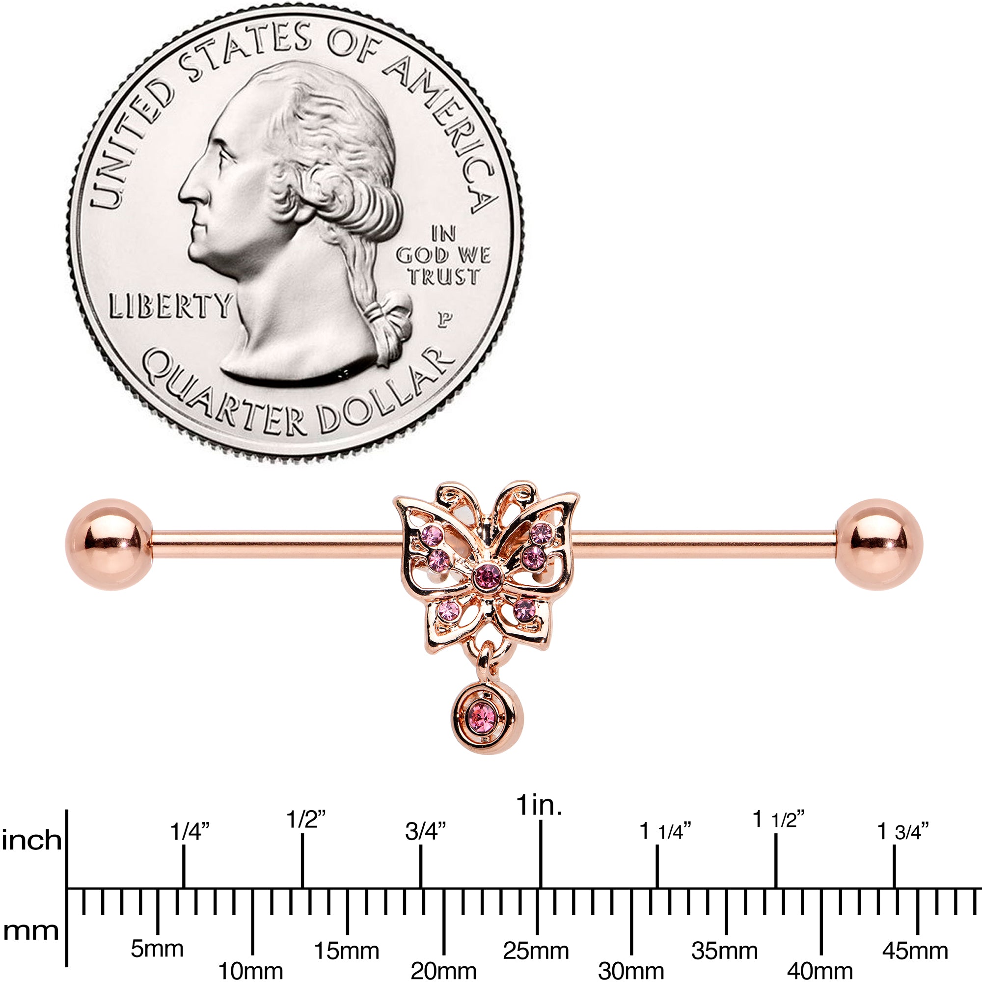 14G Pink CZ Gem Rose Gold Tone Butterfly Industrial Barbell 38mm