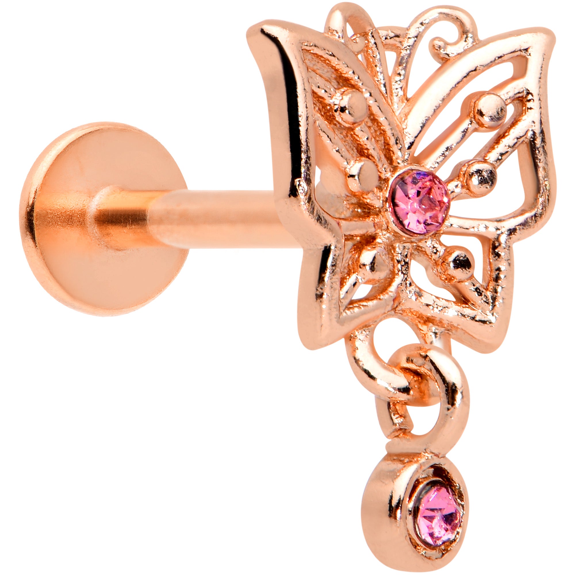 16G 5/16 Pink CZ Gem Rose Gold Hue Butterfly Labret Monroe Tragus