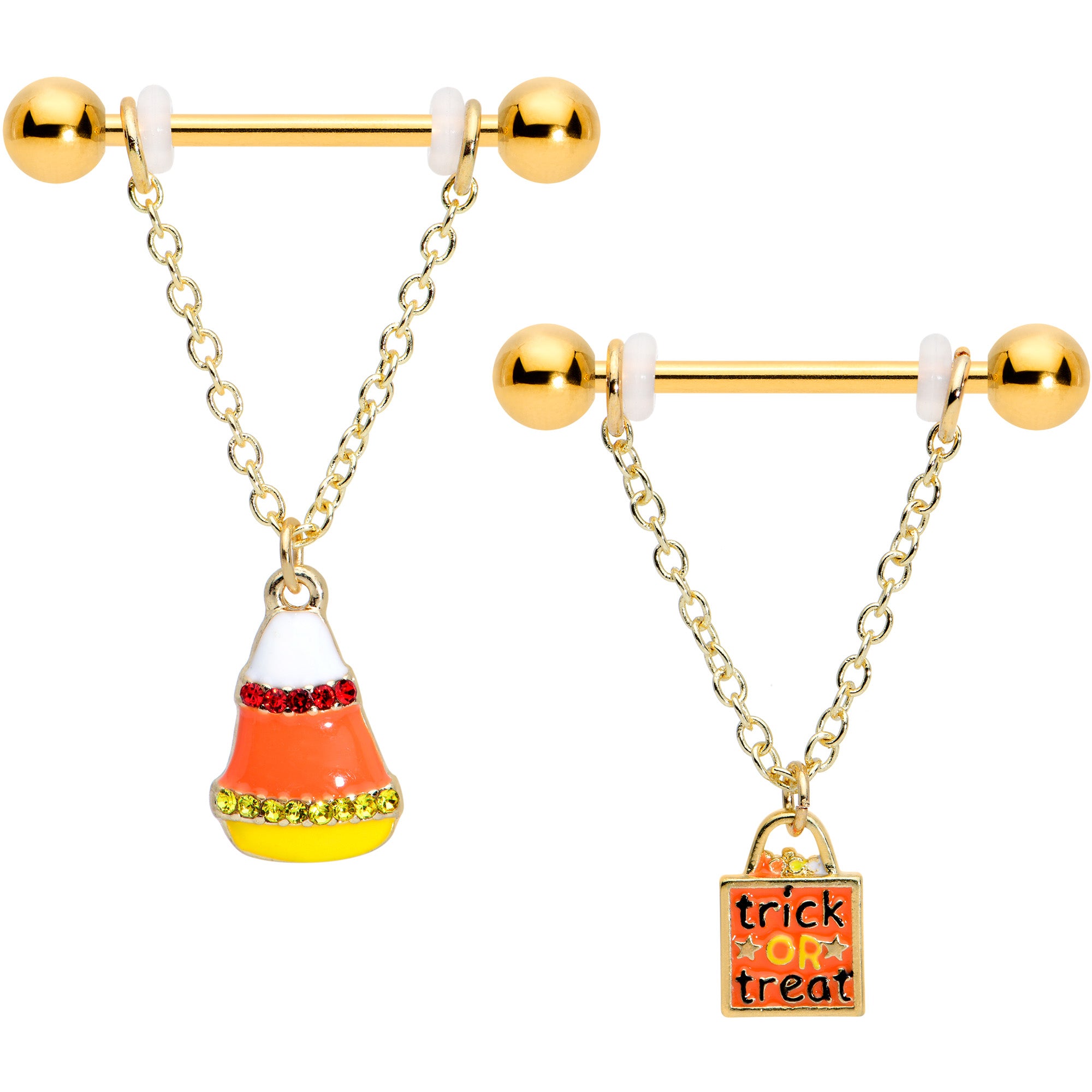 14G 9/16 Gold Tone Candy Corn Halloween Dangle Nipple Ring Set