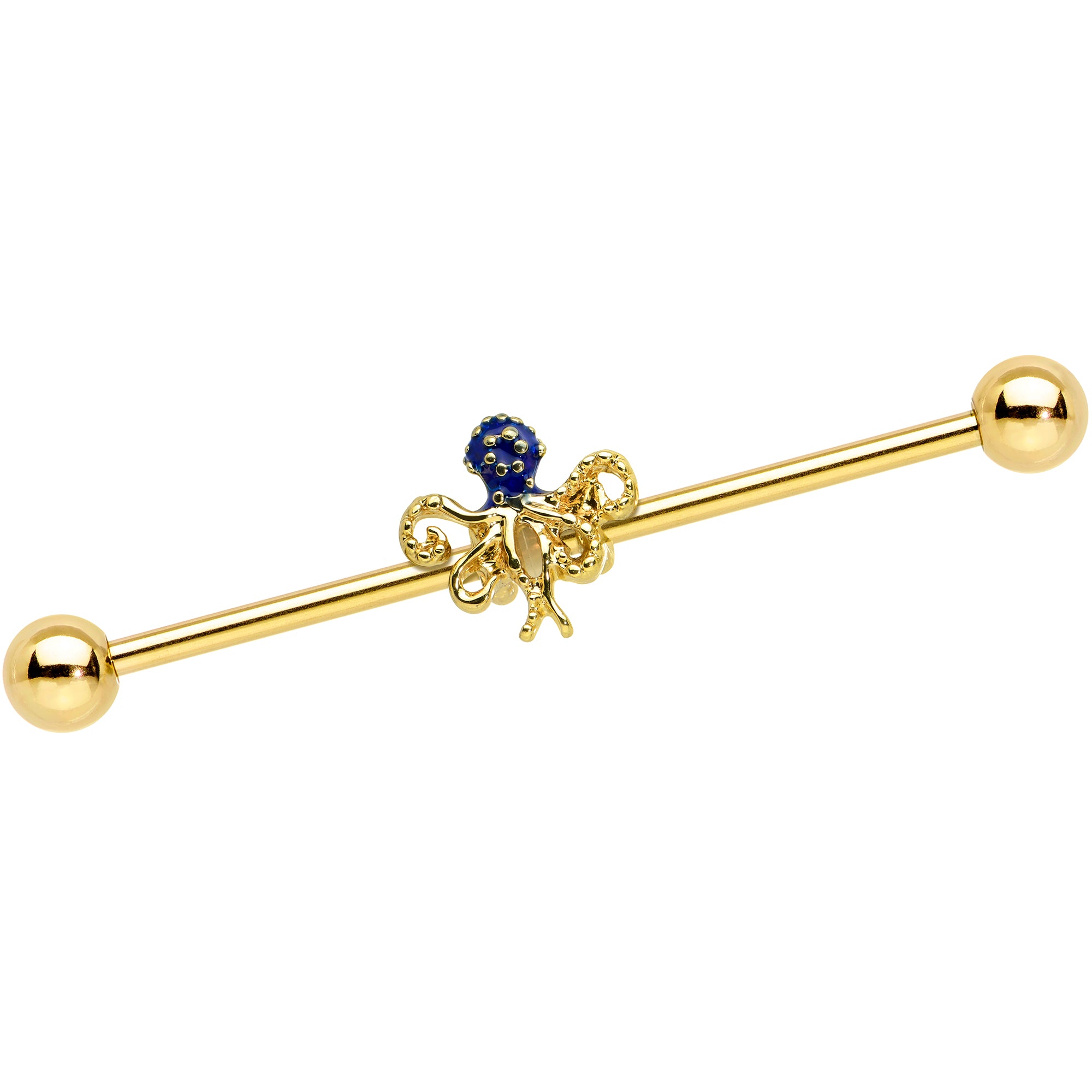 14G Gold Tone Textured Blue Octopus Industrial Barbell 38mm