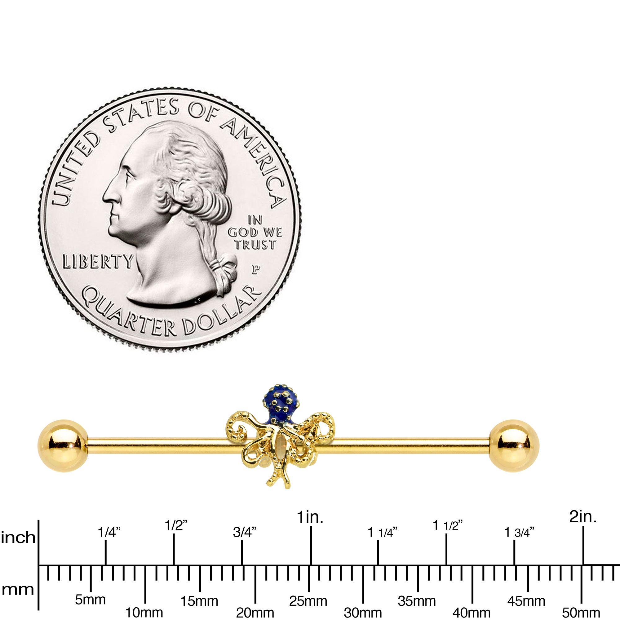 14G Gold Tone Textured Blue Octopus Industrial Barbell 38mm