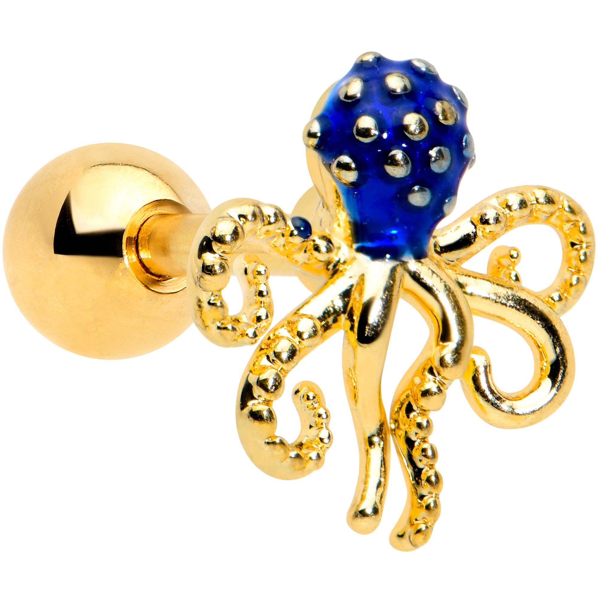 16G 1/4 Gold Tone Textured Blue Octopus Cartilage Tragus Earring