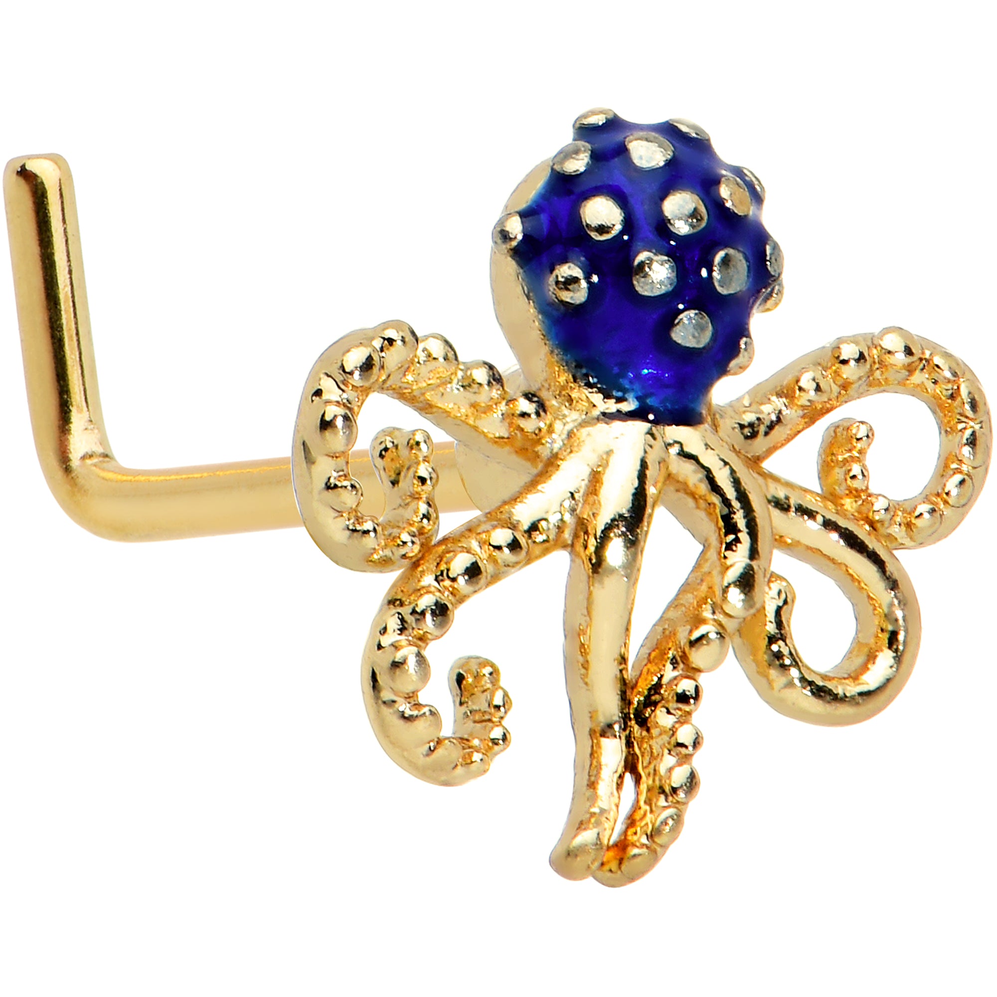 20G 1/4 Gold Tone Textured Blue Octopus L Shape Nose Ring