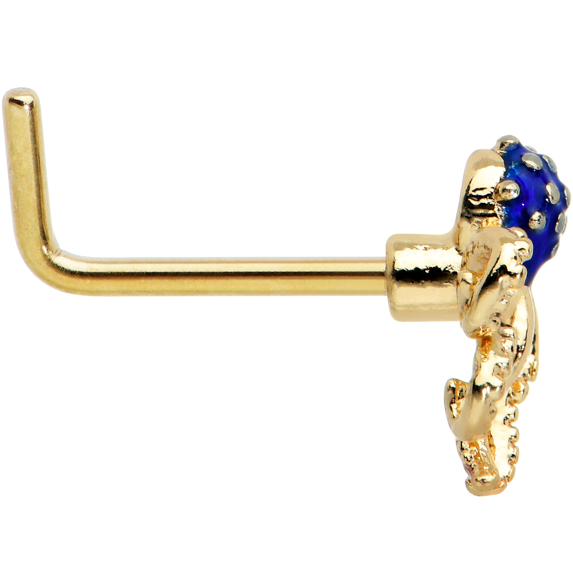 20G 1/4 Gold Tone Textured Blue Octopus L Shape Nose Ring