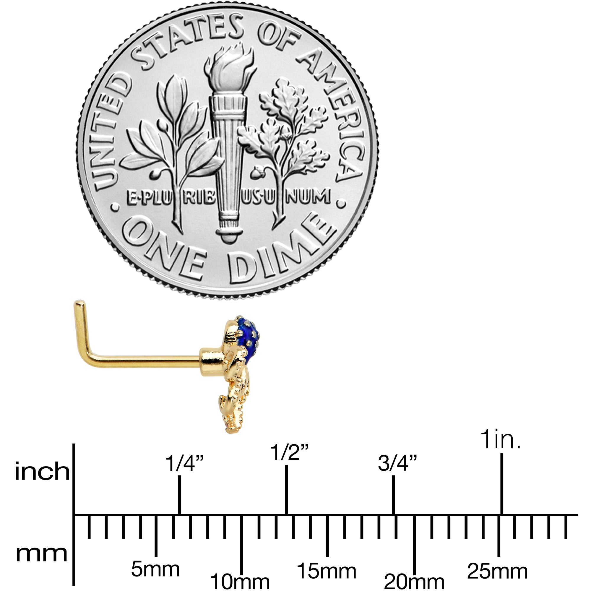 20G 1/4 Gold Tone Textured Blue Octopus L Shape Nose Ring