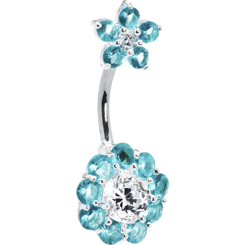 Sterling Silver 925 Aquamarine Cubic Zirconia Double FLOWER Belly Ring