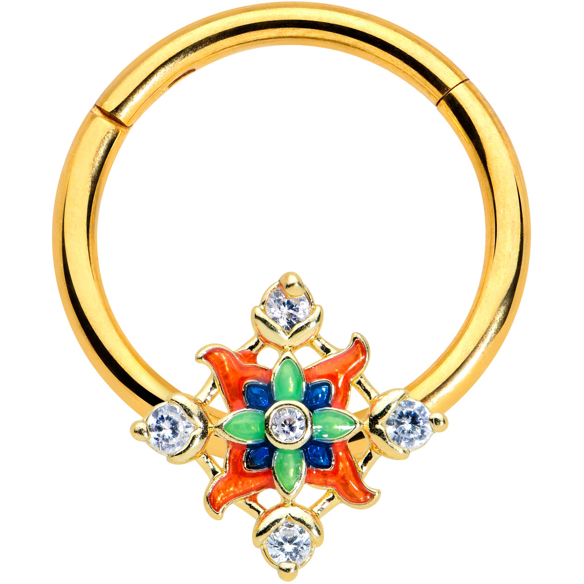 16G 3/8 Clear CZ Gem Gold Tone Color Crest Hinged Segment Ring