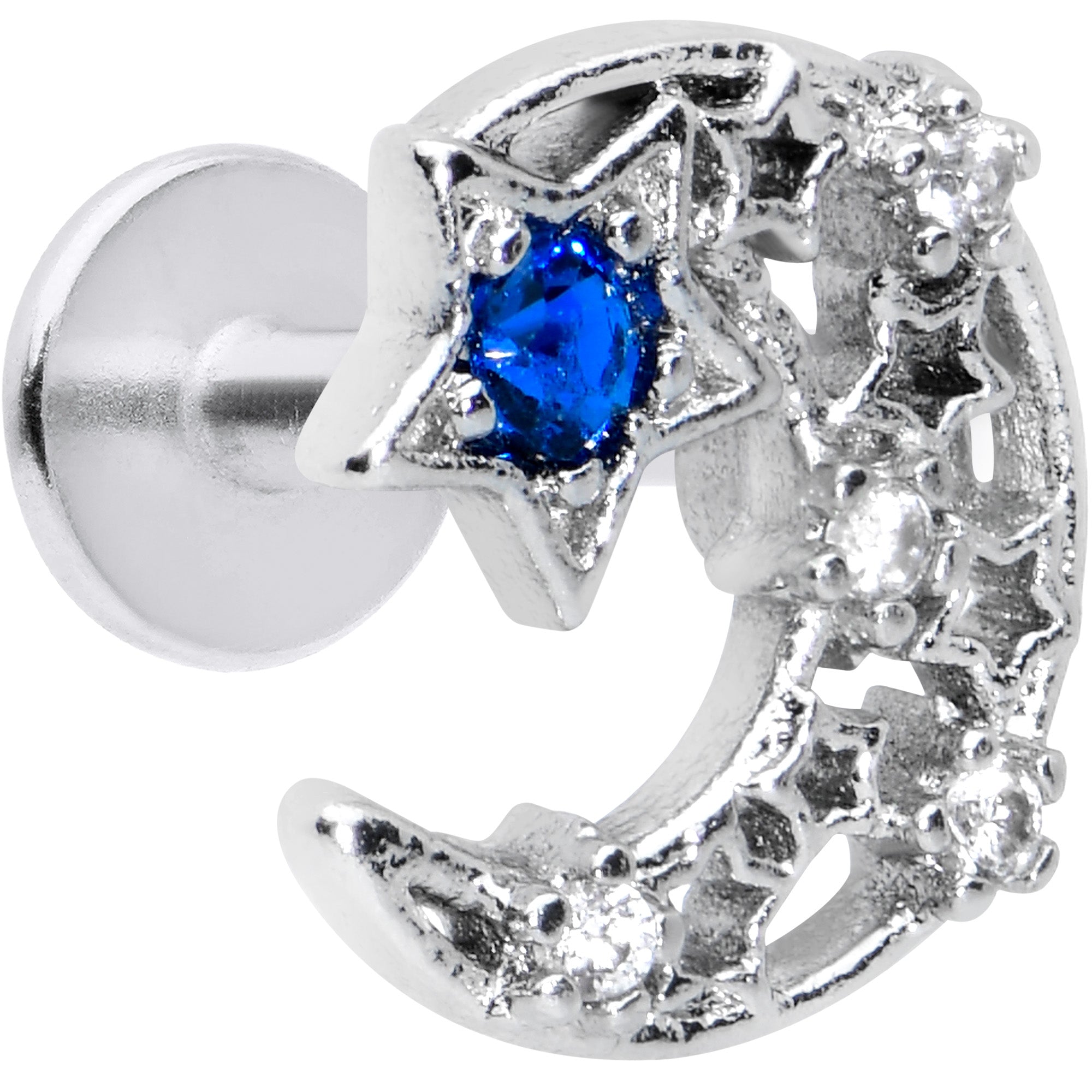 16G 1/4 Clear Blue Gem Star Crescent Moon Labret Monroe Tragus