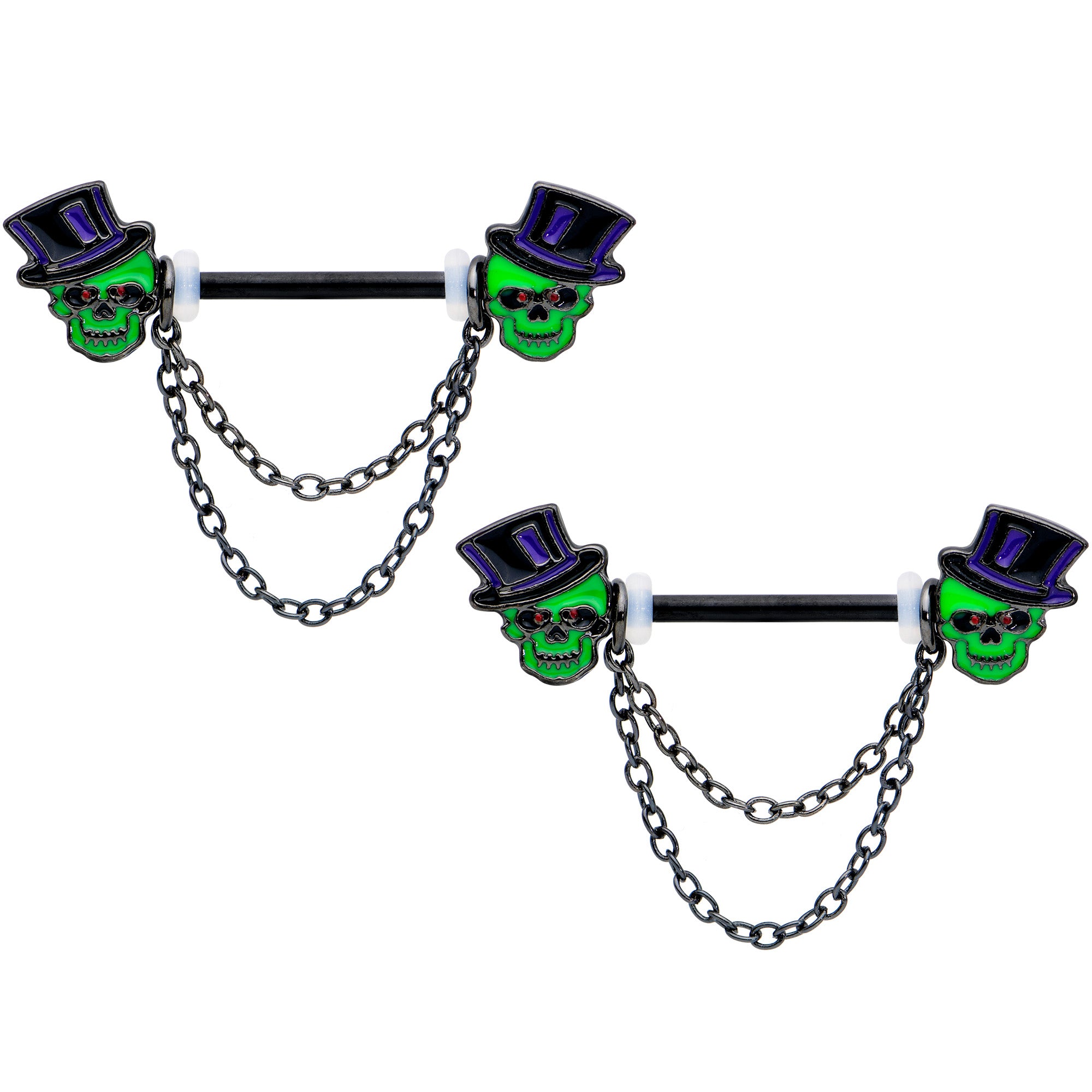 14G Green Top Hat Skull Halloween Dangle Nipple Ring Set