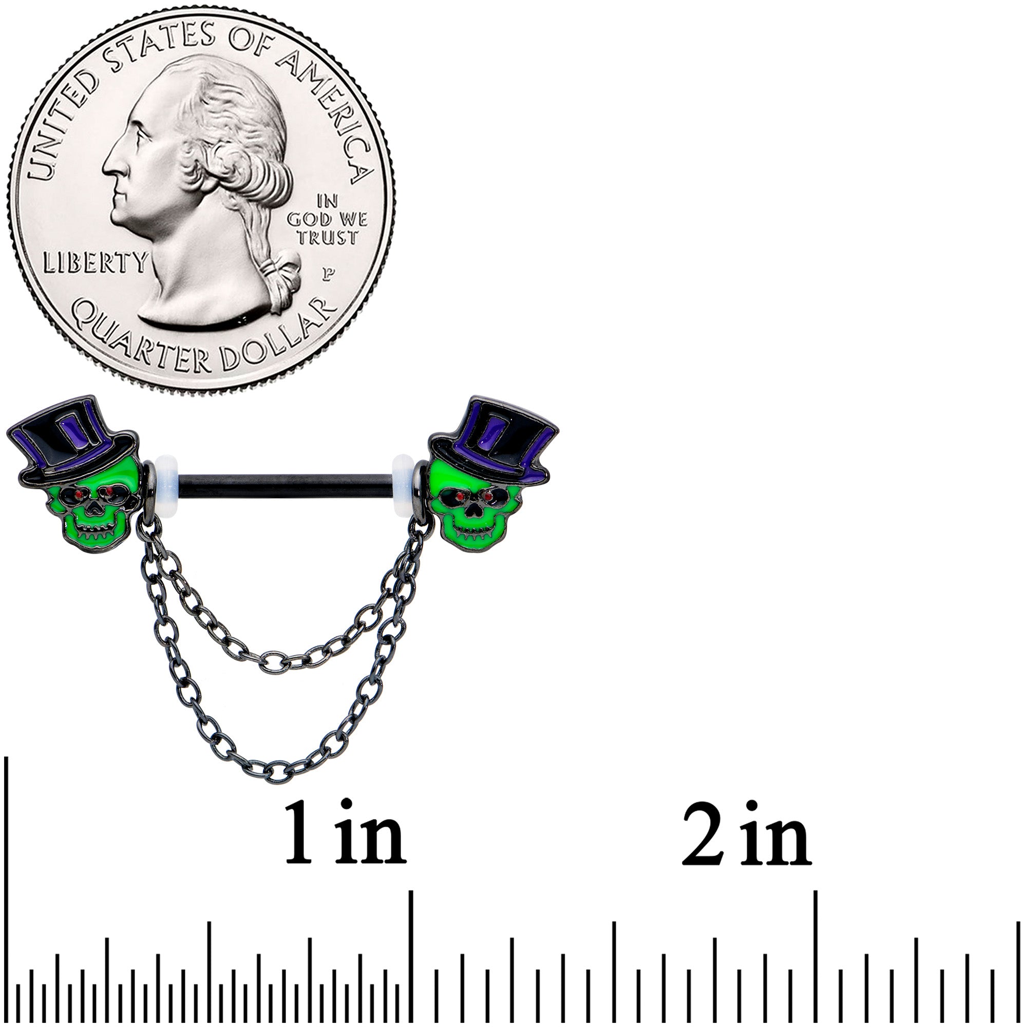 14G Green Top Hat Skull Halloween Dangle Nipple Ring Set