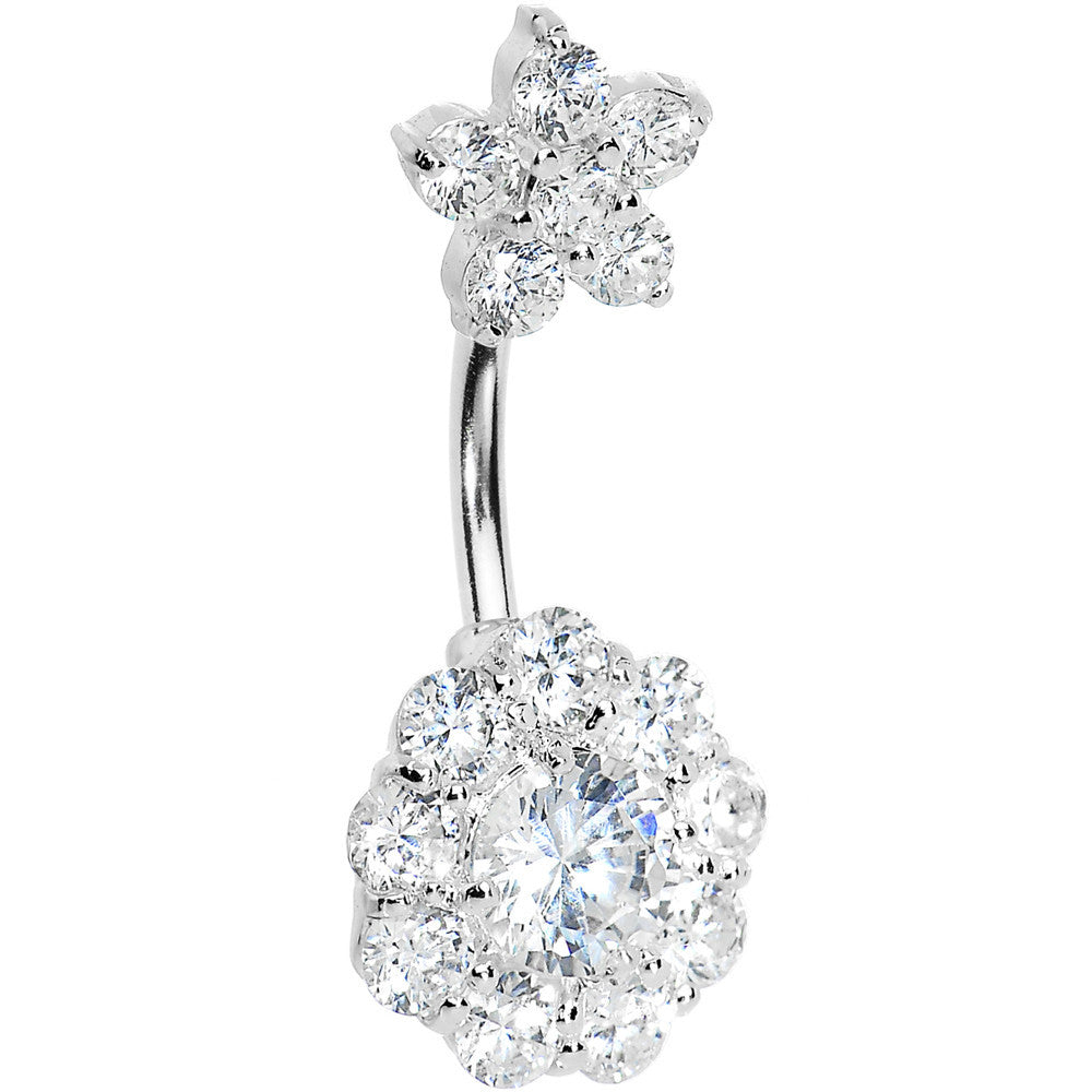 Sterling Silver 925 Crystalline Cubic Zirconia Double FLOWER Belly Ring