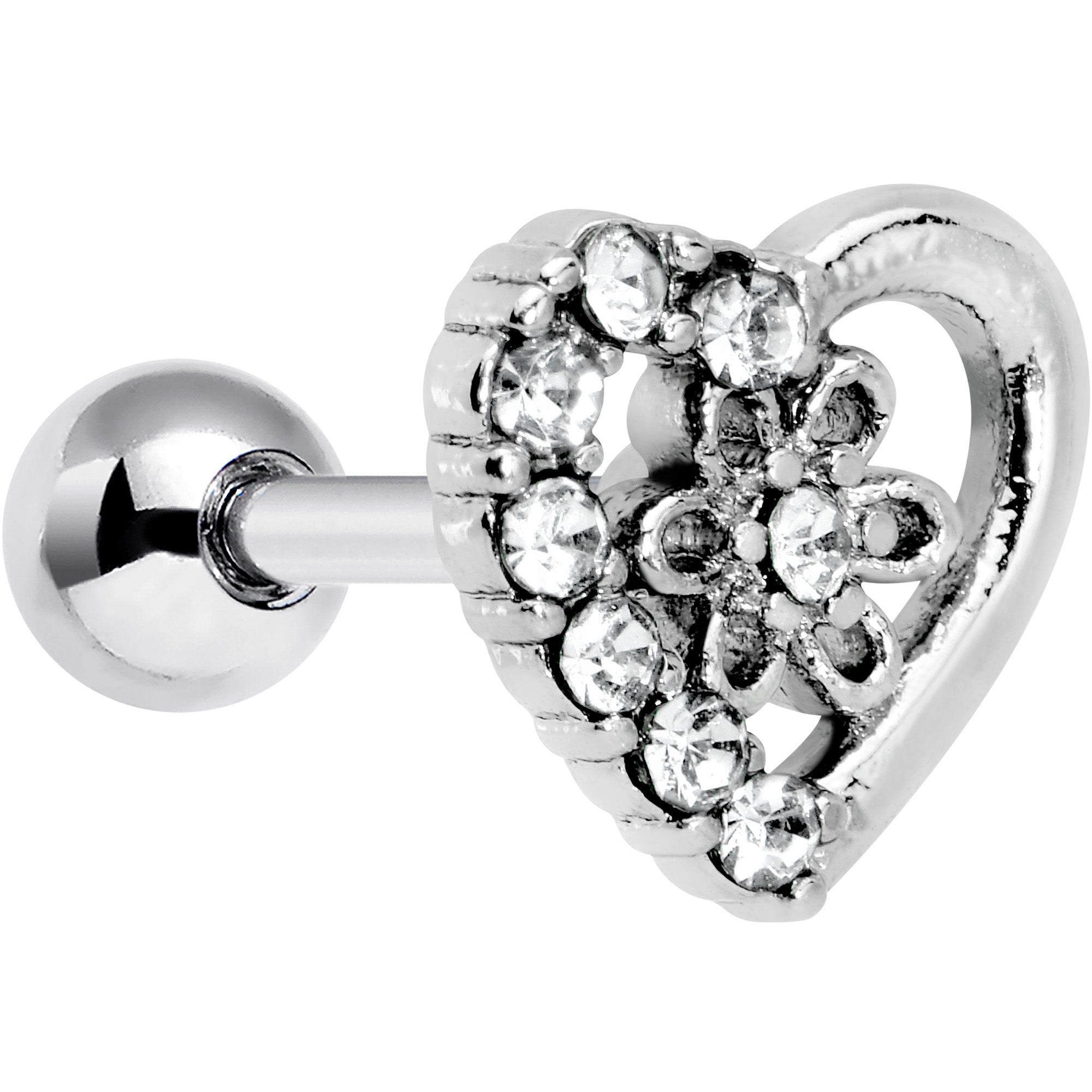 16G 1/4 Clear Gem Floral Hollow Heart Cartilage Tragus Earring