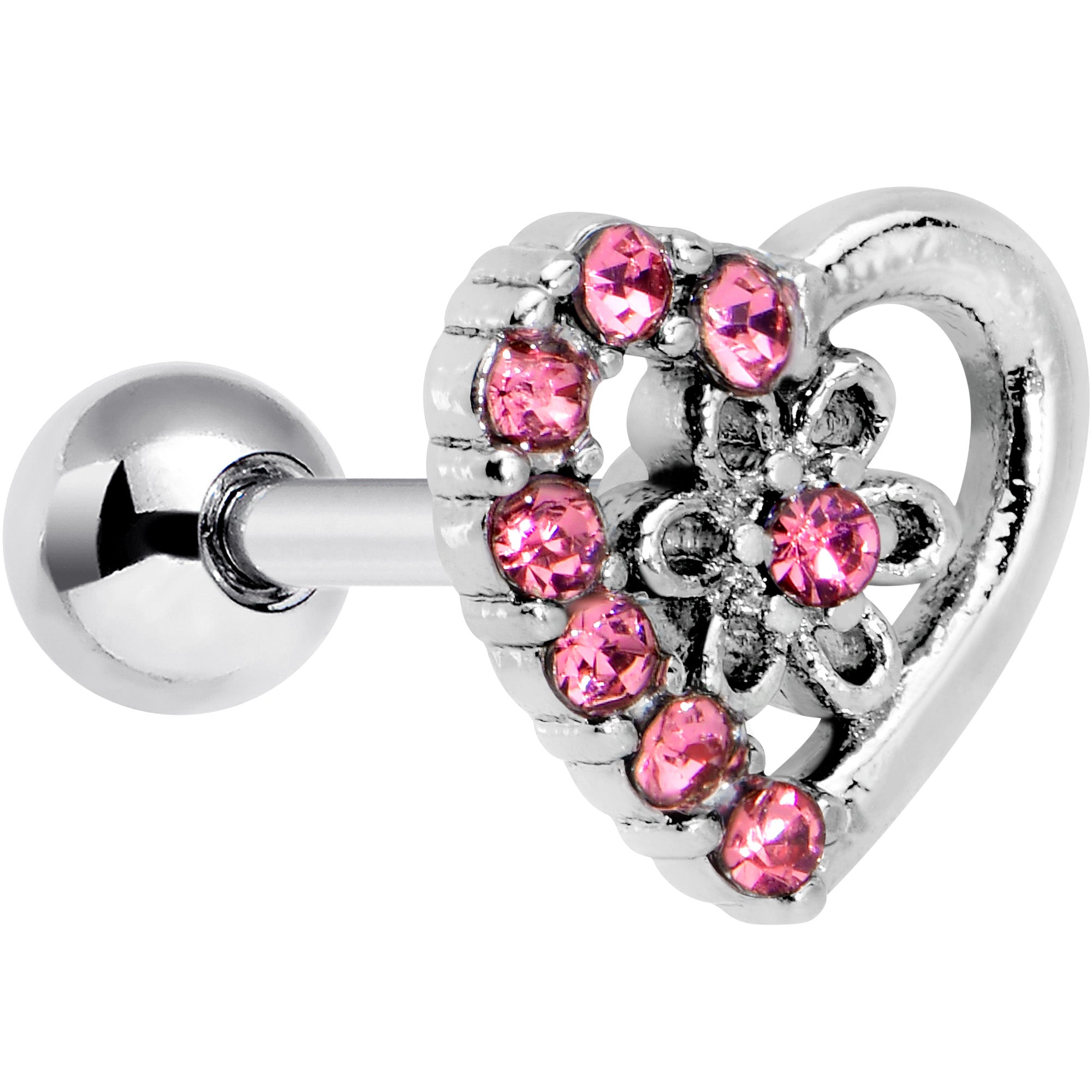 16G 1/4 Pink Gem Floral Hollow Heart Cartilage Tragus Earring