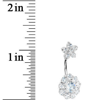 Sterling Silver 925 Crystalline Cubic Zirconia Double FLOWER Belly Ring