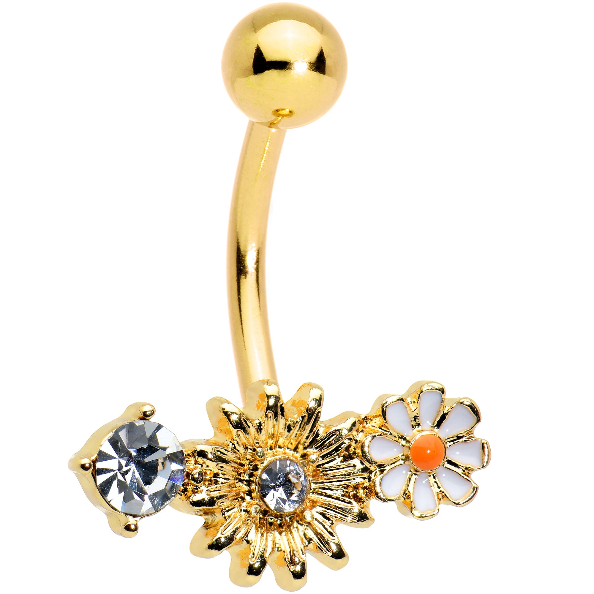 Clear Gem Gold Tone Sunny Day Daisy Flower Belly Ring