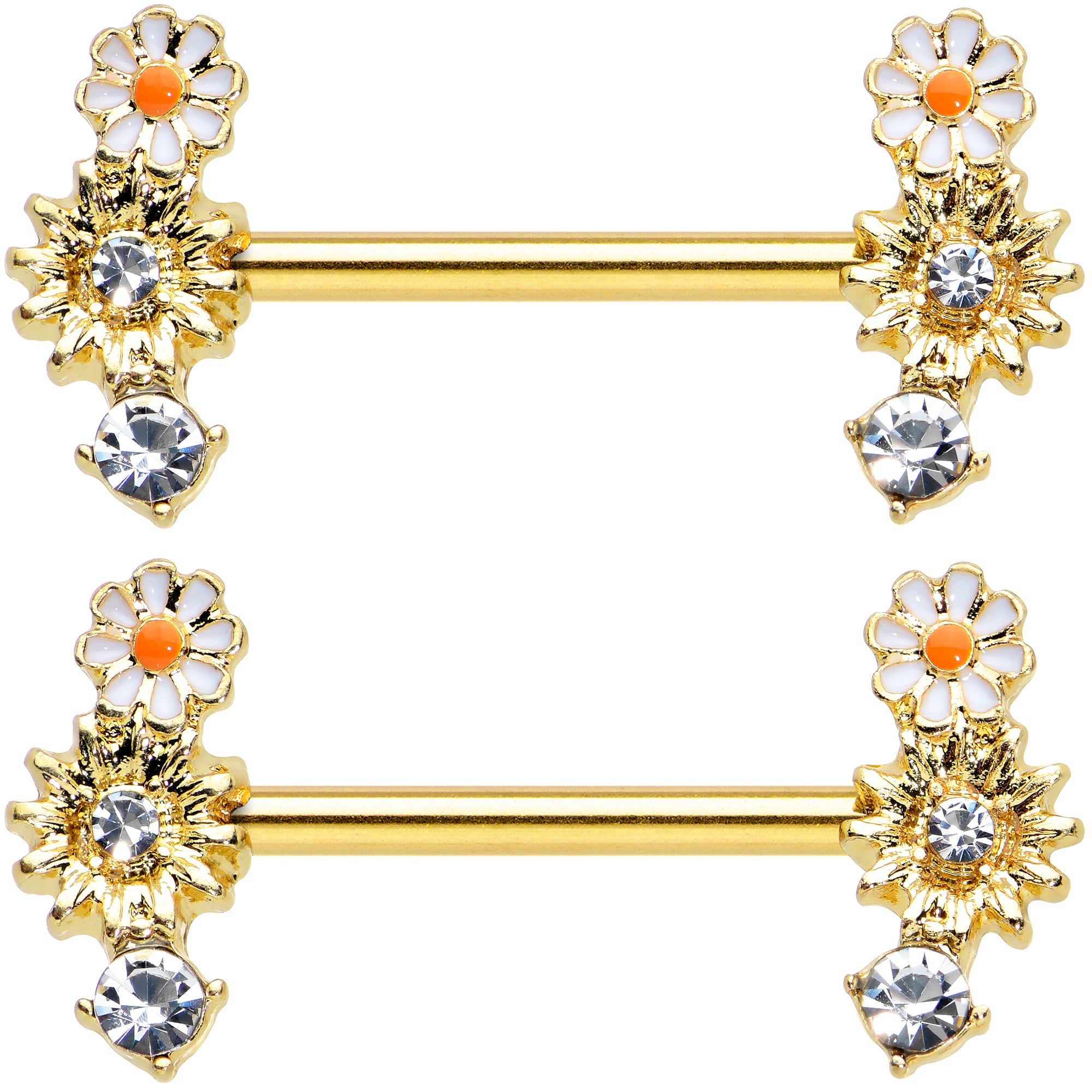 14G 1/2 Clear Gem Gold Tone Sunny Day Daisy Nipple Ring Set