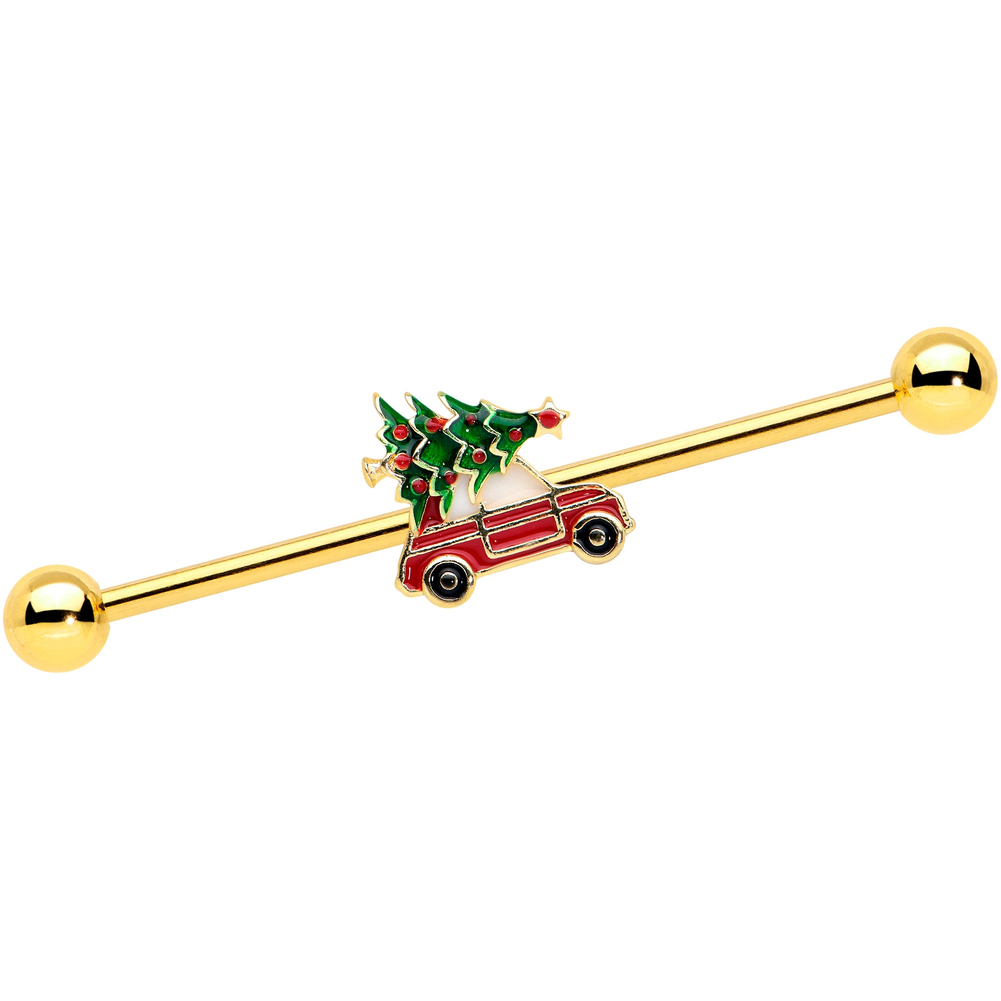14G Gold Tone Buggy Christmas Tree Industrial Barbell 38mm