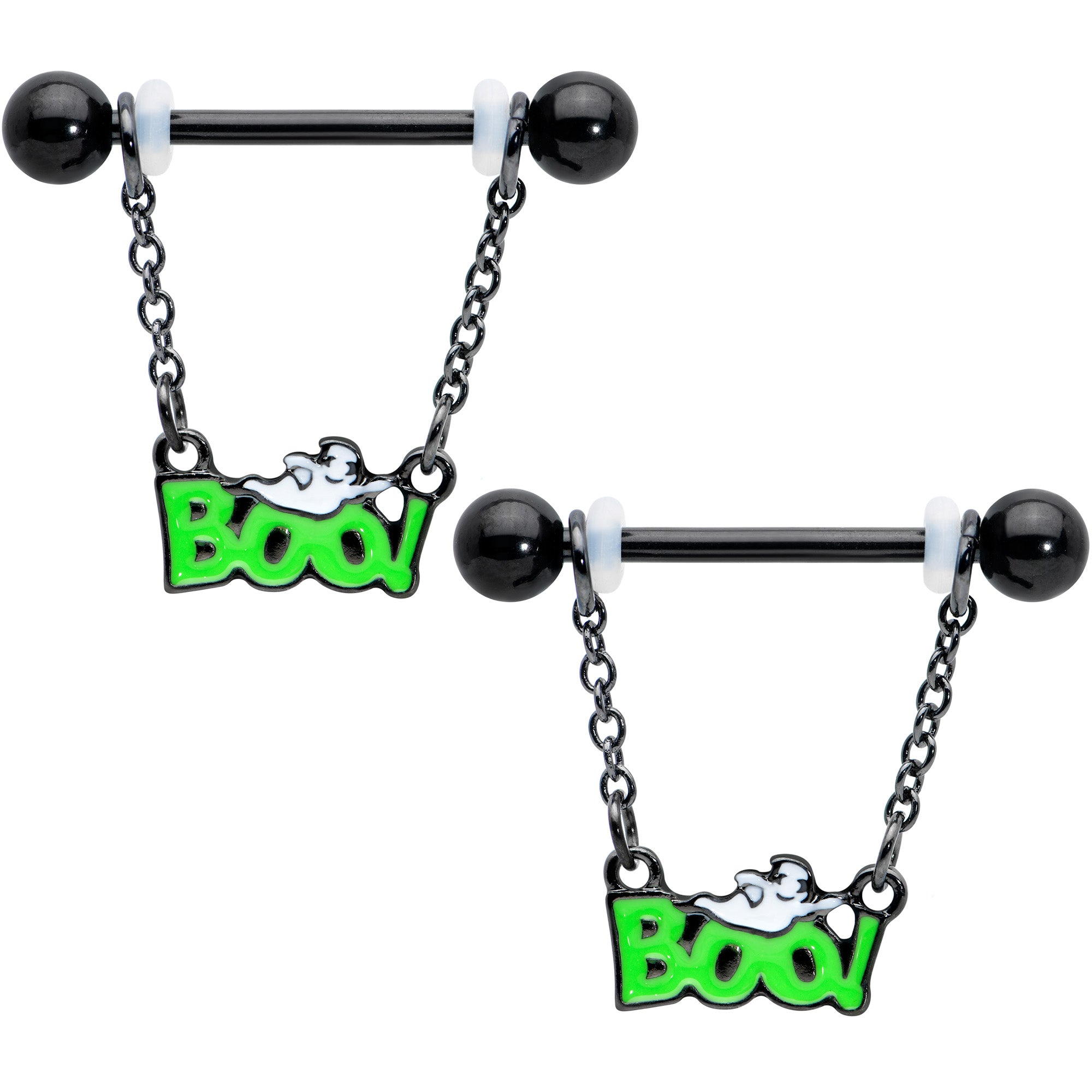 14G 5/8 Black Green Boo Smile Ghost Chain Dangle Nipple Ring Set
