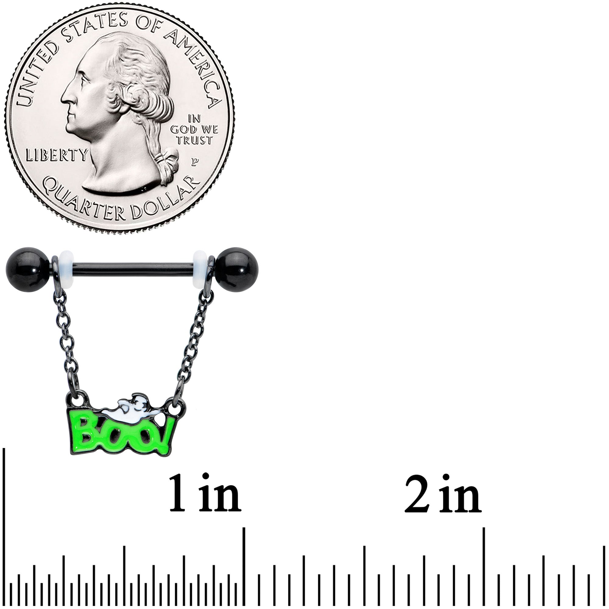 14G 5/8 Black Green Boo Smile Ghost Chain Dangle Nipple Ring Set