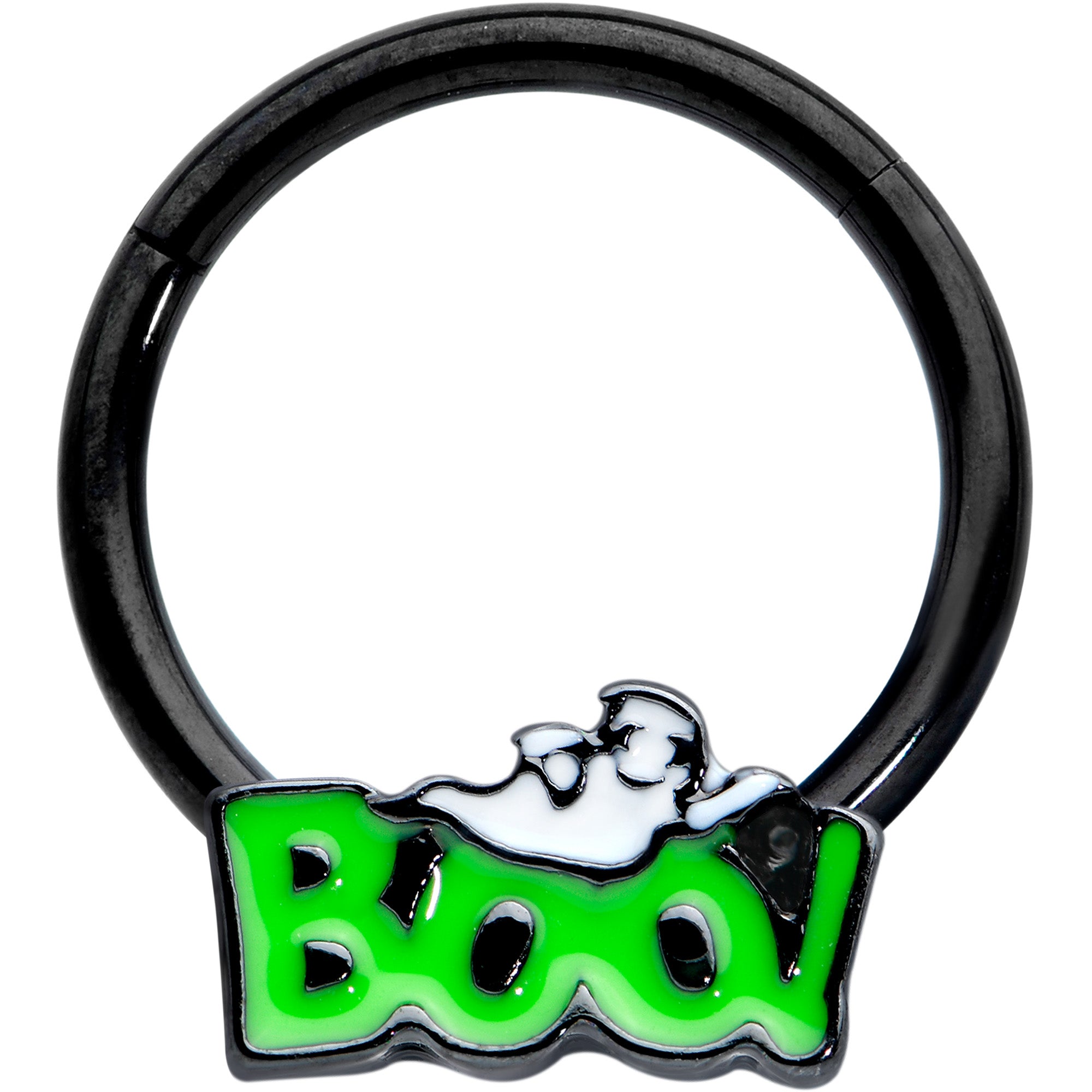 16G 3/8 Black Green Boo Smile Ghost Halloween Hinged Segment Ring
