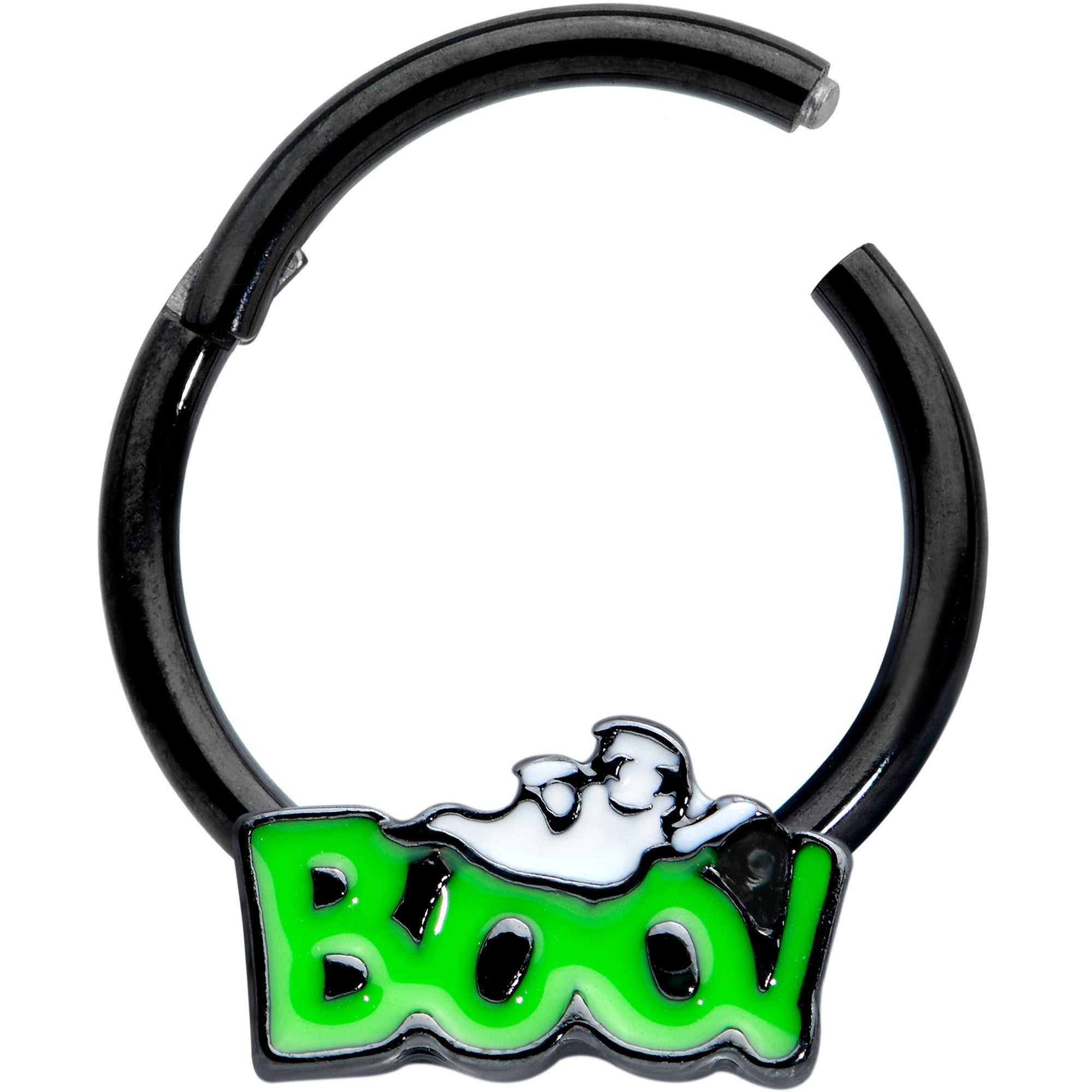 16G 3/8 Black Green Boo Smile Ghost Halloween Hinged Segment Ring