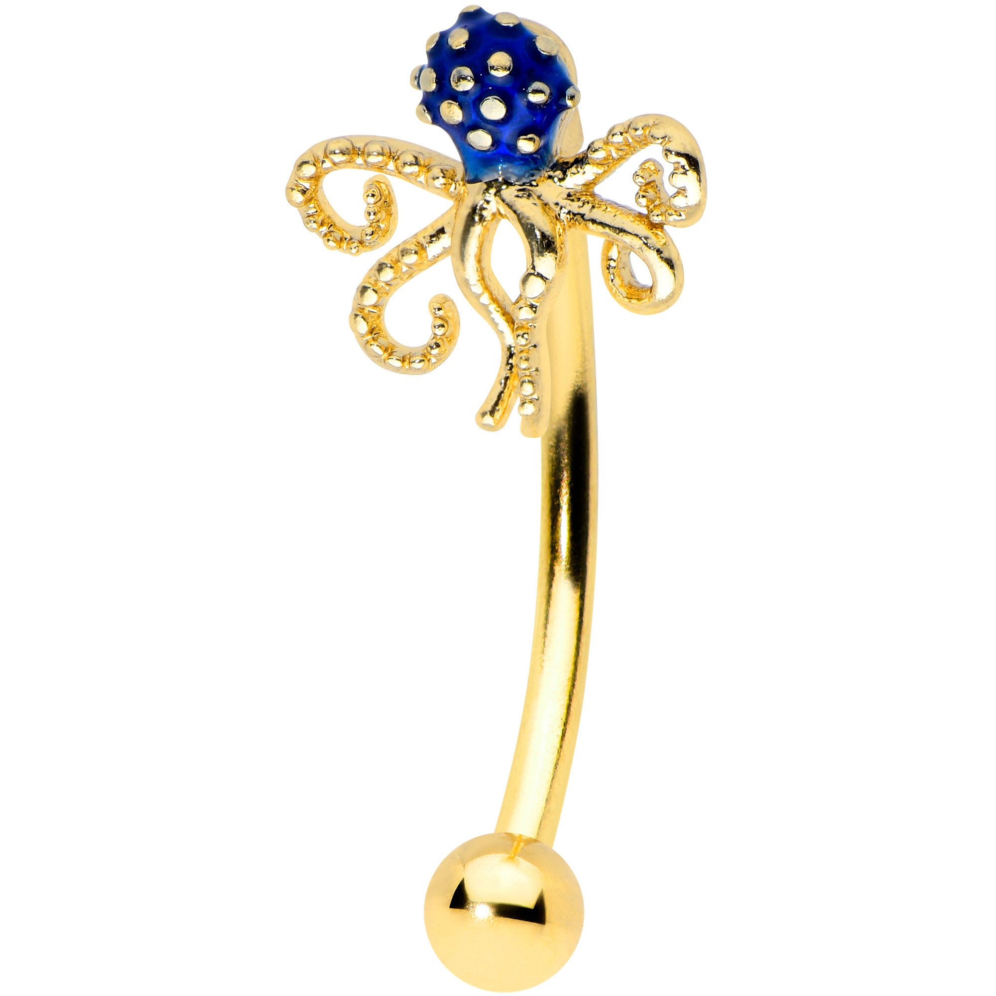16G 5/16 Gold Tone Textured Blue Octopus Curved Eyebrow Ring