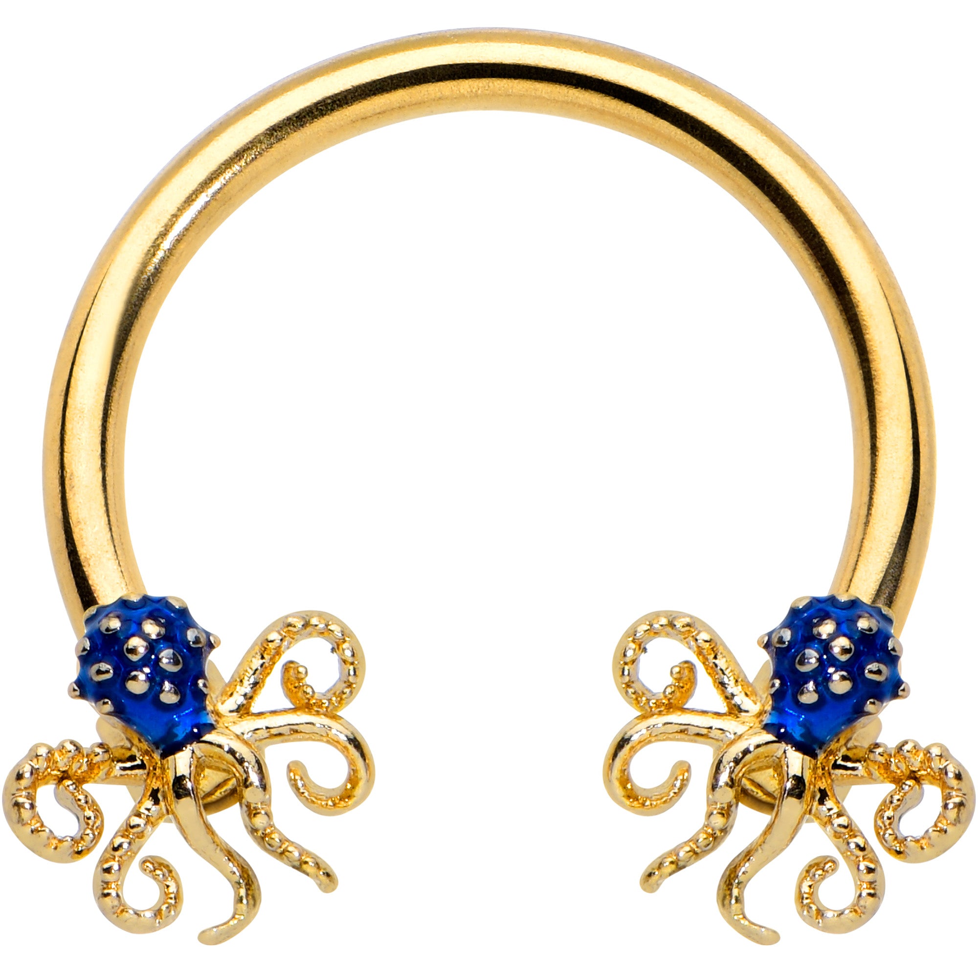 16G 3/8 Gold Tone Blue Octopus Ends Horseshoe Circular Barbell