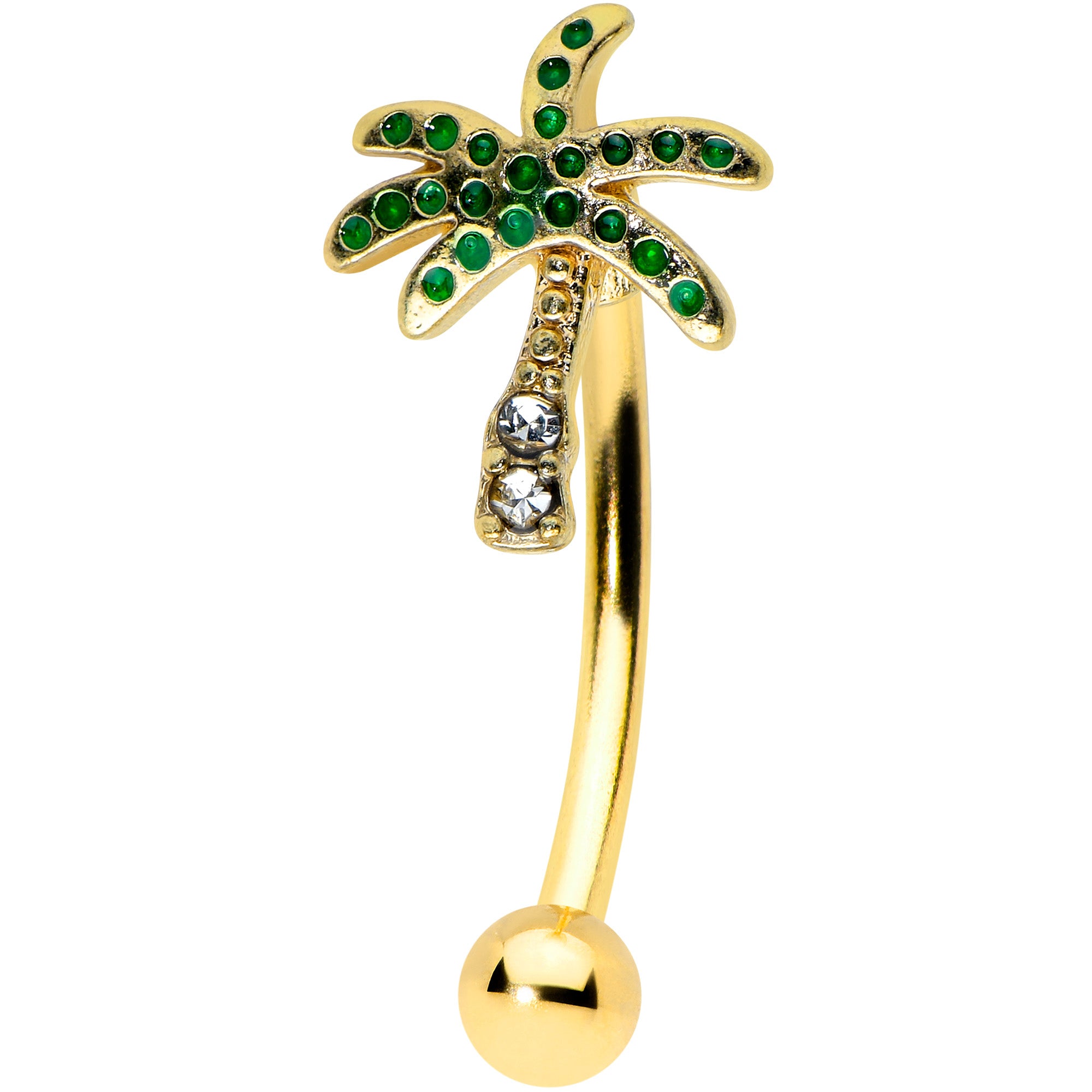 16G 5/16 Green Gem Gold Tone Retro Palm Tree Curved Eyebrow Ring