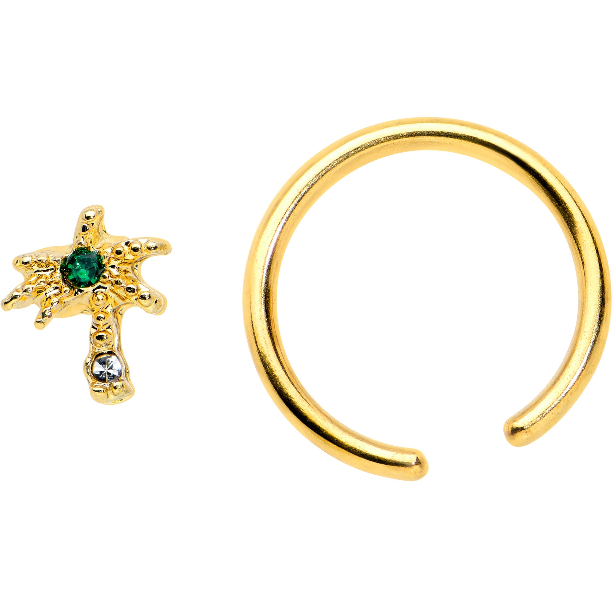 16G 3/8 Green Gem Gold Tone Texture Palm Tree BCR Captive Ring