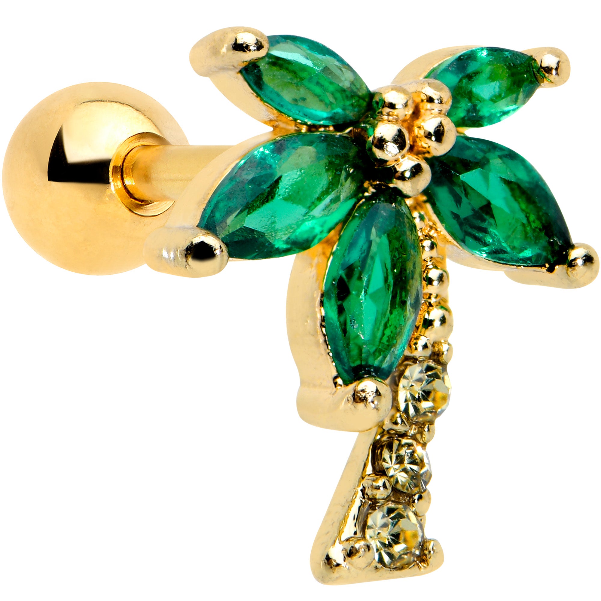 16G 1/4 Clear Green Gem Gold Tone Palm Tree Cartilage Tragus