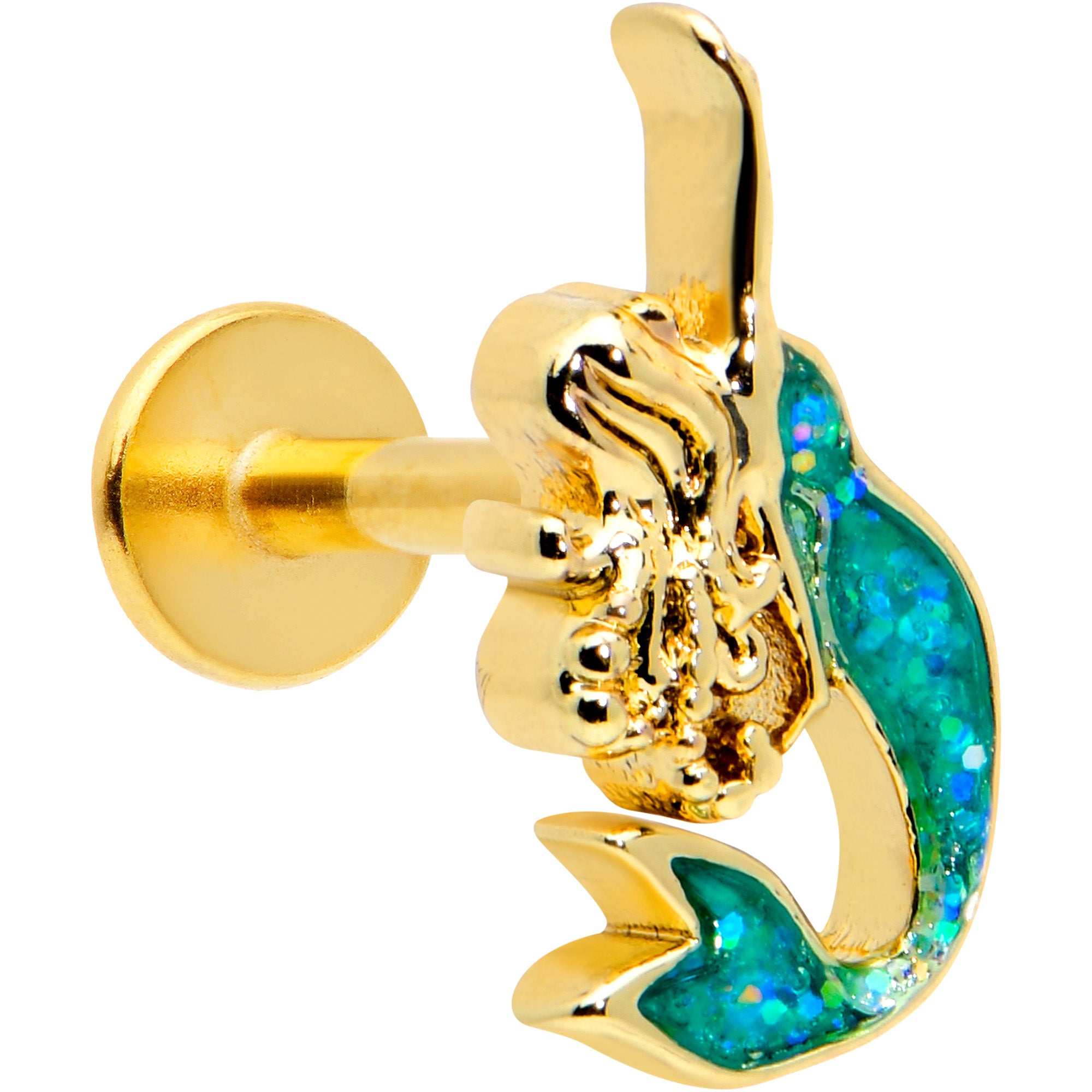 16G 5/16 Green Faux Opal Gold Tone Curvy Mermaid Labret Tragus