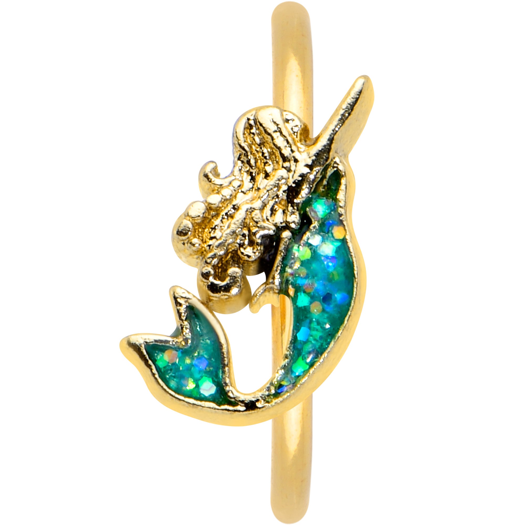 20G 5/16 Green Faux Opal Gold Tone Curvy Mermaid Nose Hoop