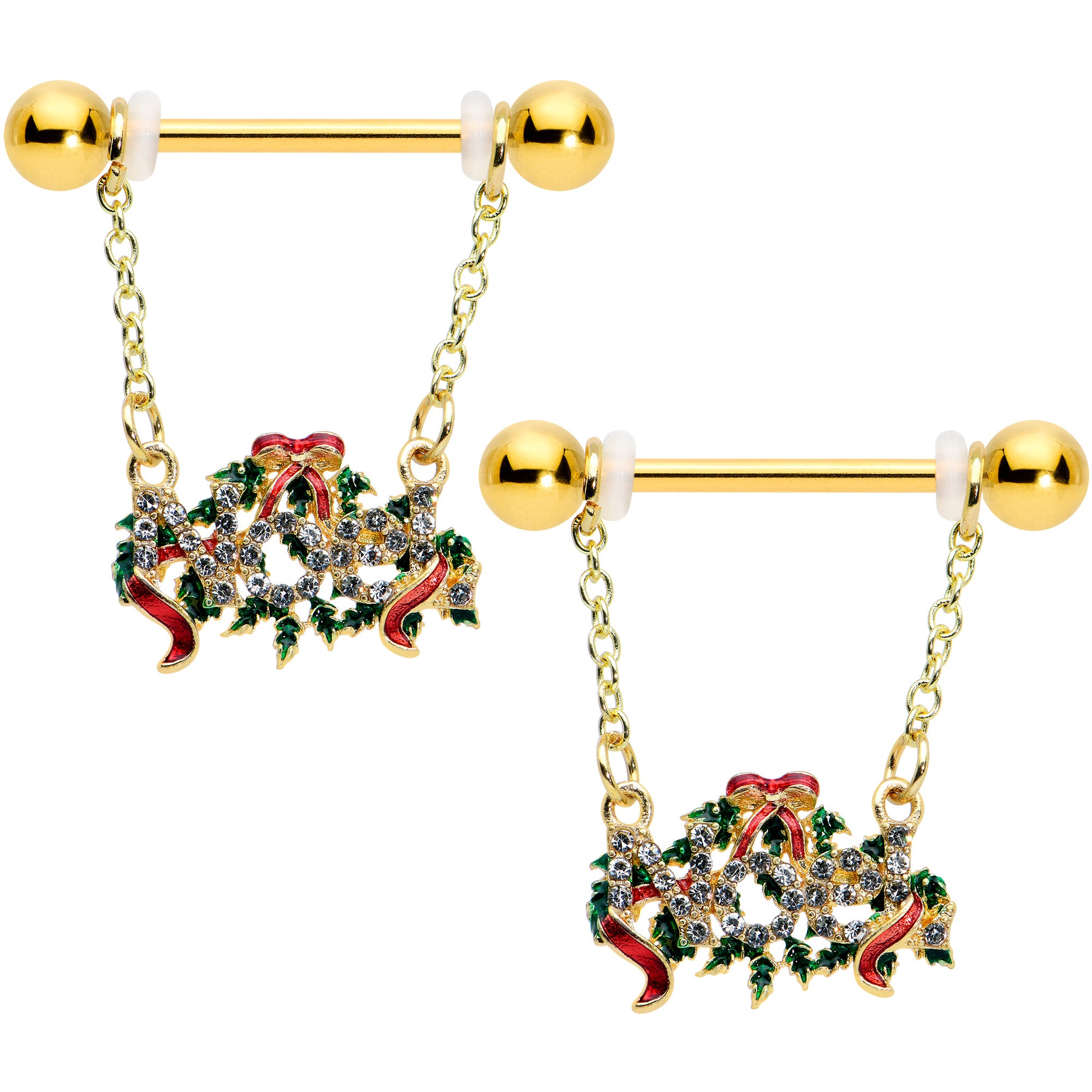 14G 9/16 Clear Gem Gold Tone Garland Christmas Nipple Ring Set