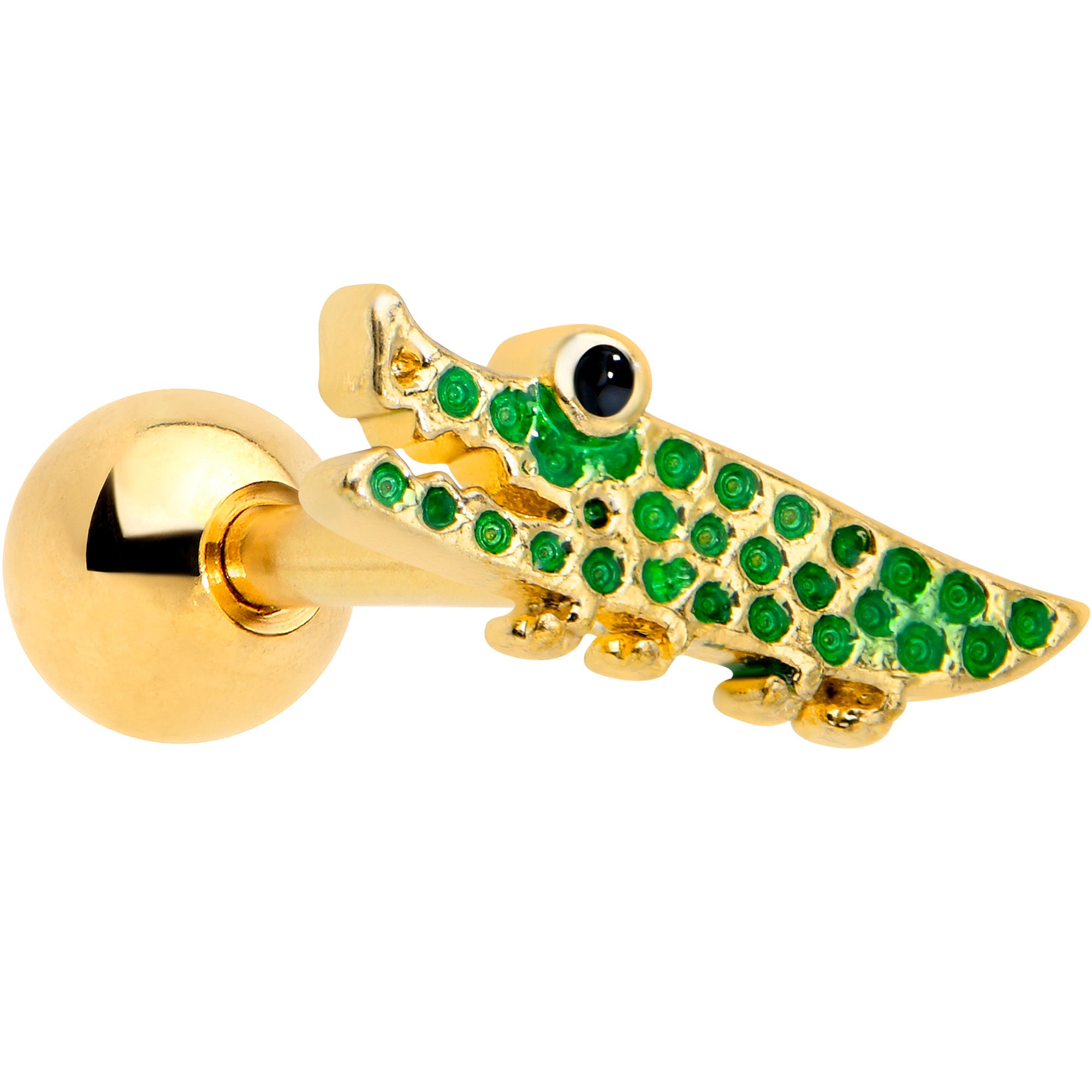 16G 1/4 Gold Tone Green Hungry Alligator Cartilage Tragus Earring